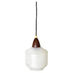 Mid-Century Philips Attributed Teak and Textured Striped Glass Pendant Lamp