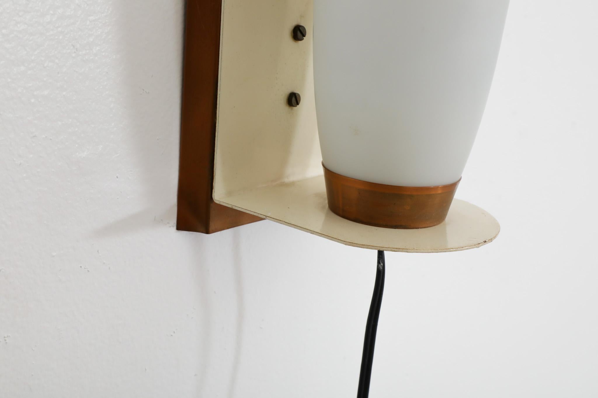 Mid-Century Philips opaline milk glass, copper and teak wall sconce For Sale 3