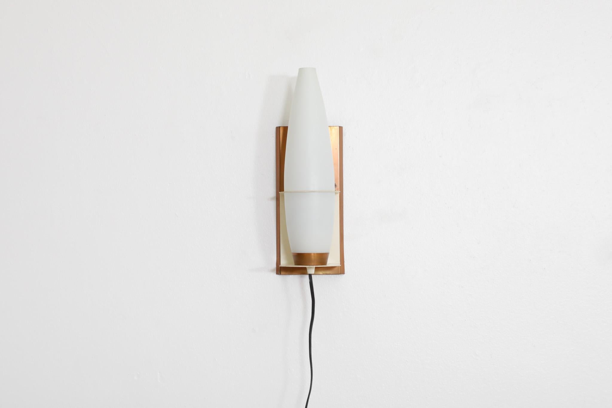 Dutch Mid-Century Philips opaline milk glass, copper and teak wall sconce For Sale