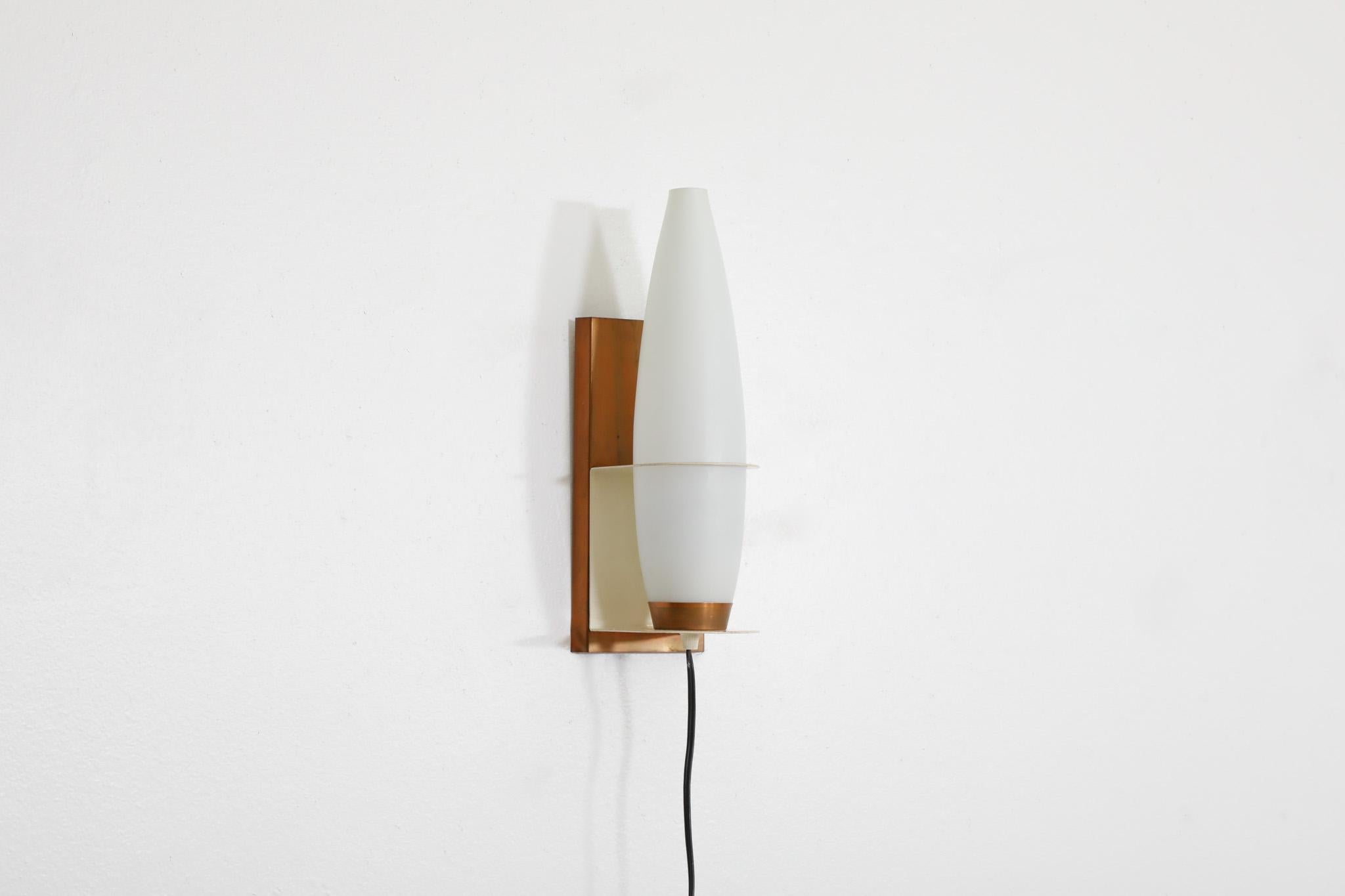 Mid-Century Philips opaline milk glass, copper and teak wall sconce In Good Condition For Sale In Los Angeles, CA