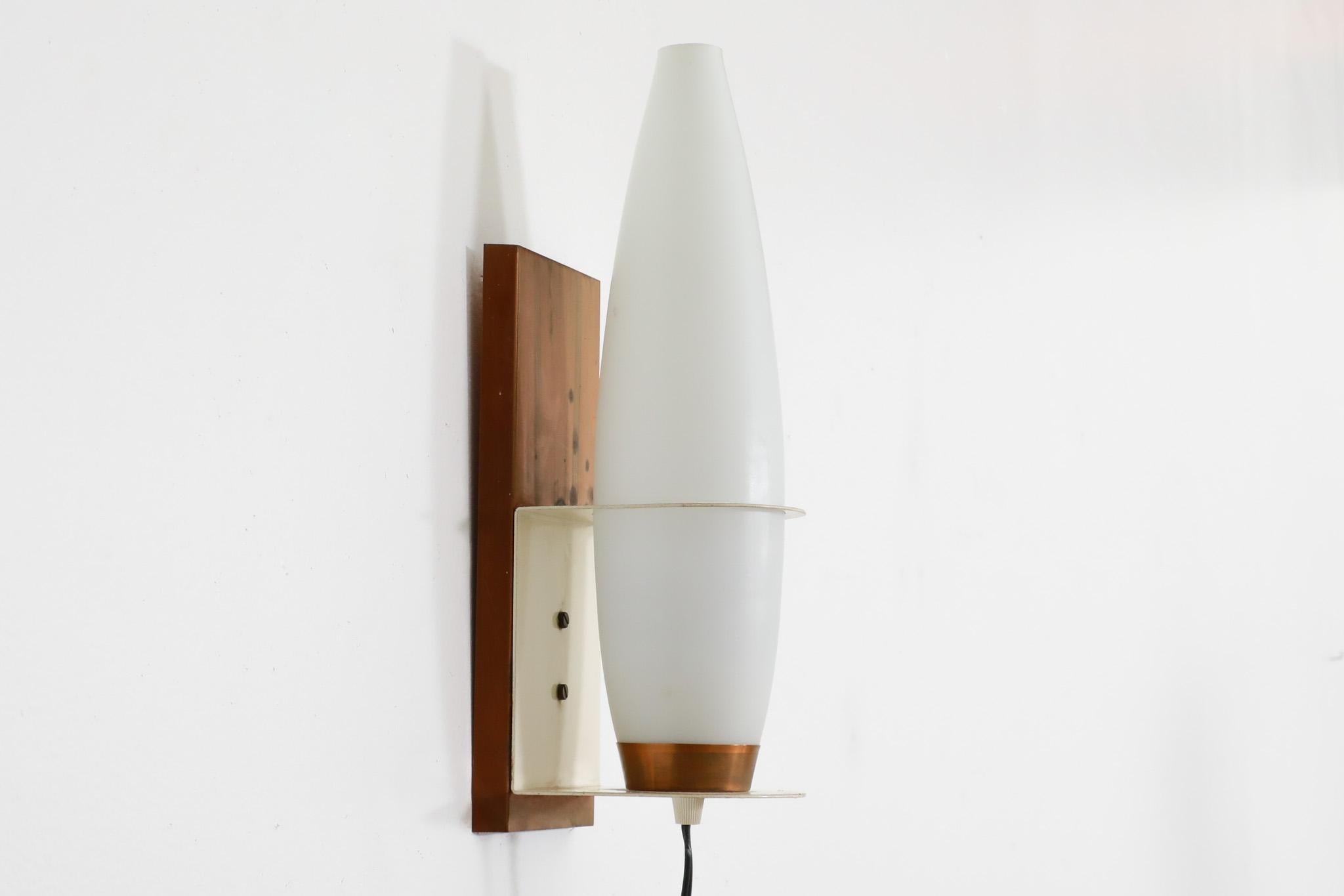 Mid-Century Philips opaline milk glass, copper and teak wall sconce For Sale 1