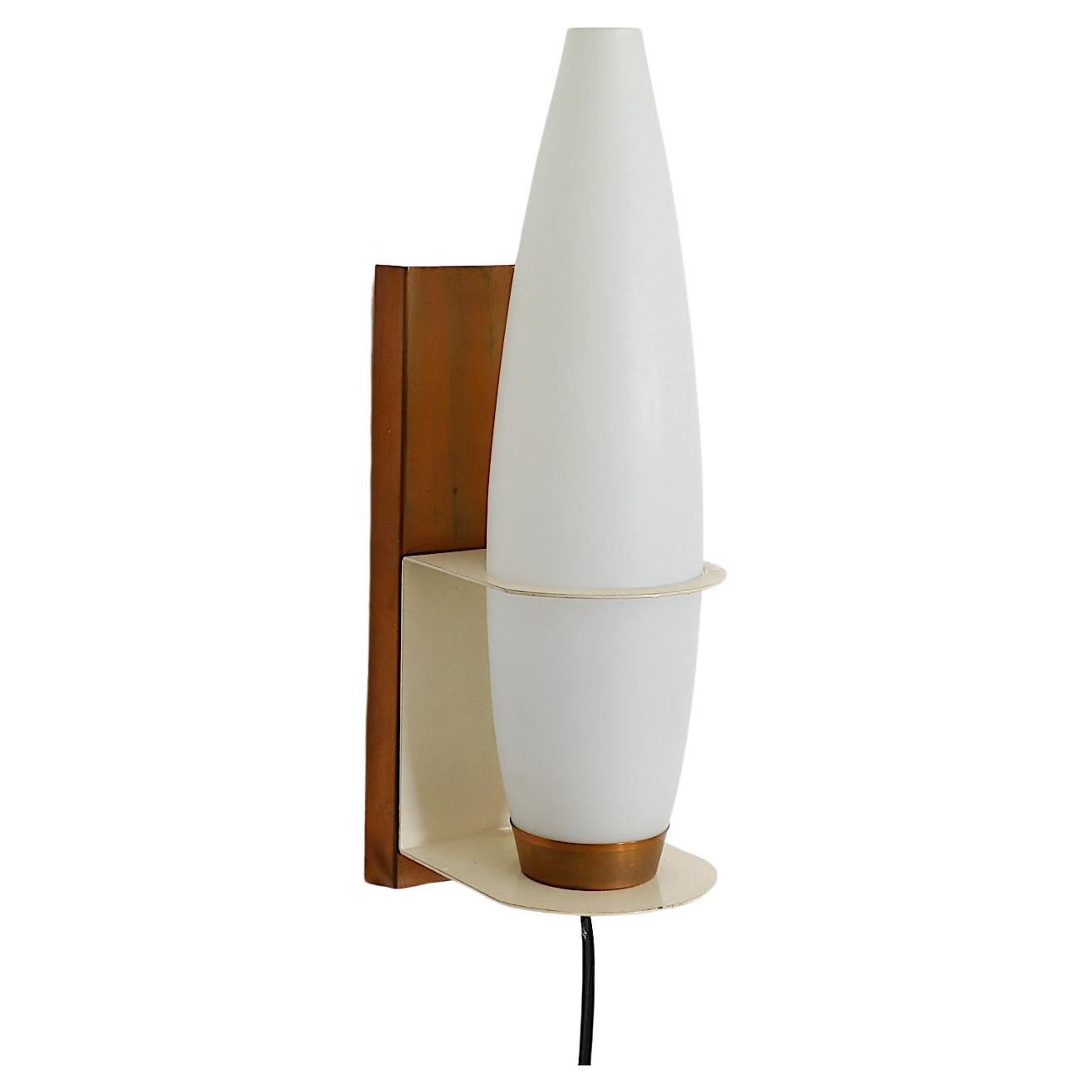 Mid-Century Philips opaline milk glass, copper and teak wall sconce For Sale