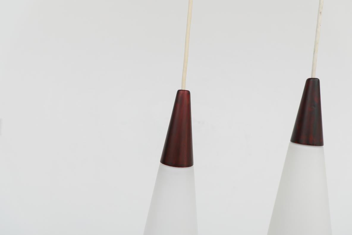 Mid-Century Philips Opaline Milk Glass Pendants with Faux Rosewood Tops For Sale 5