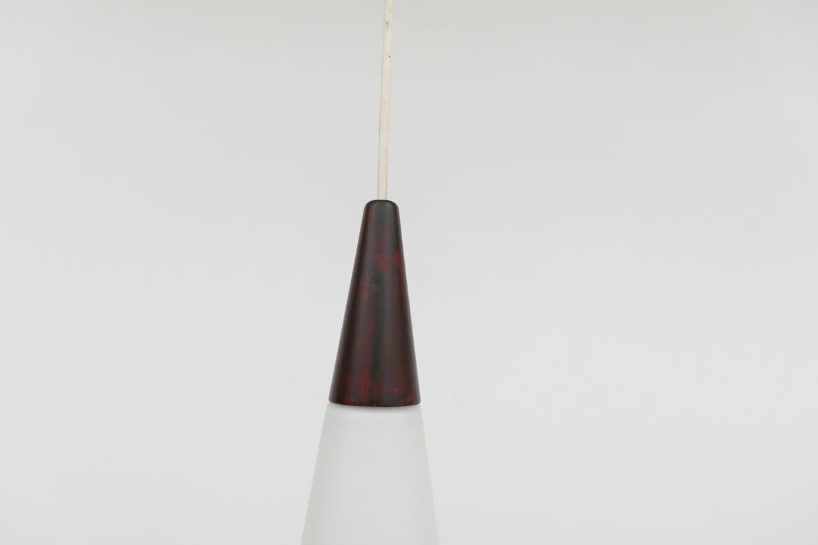 Mid-Century Philips Opaline Milk Glass Pendants with Faux Rosewood Tops For Sale 6