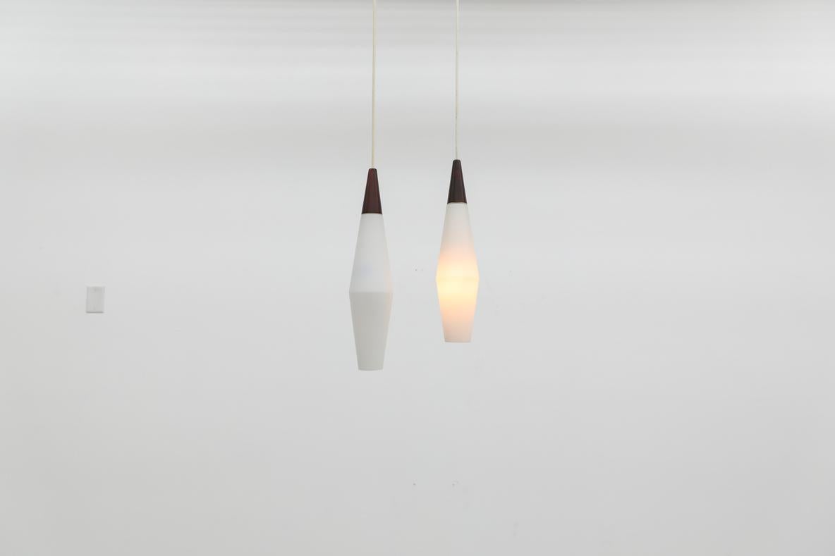 Dutch Mid-Century Philips Opaline Milk Glass Pendants with Faux Rosewood Tops For Sale