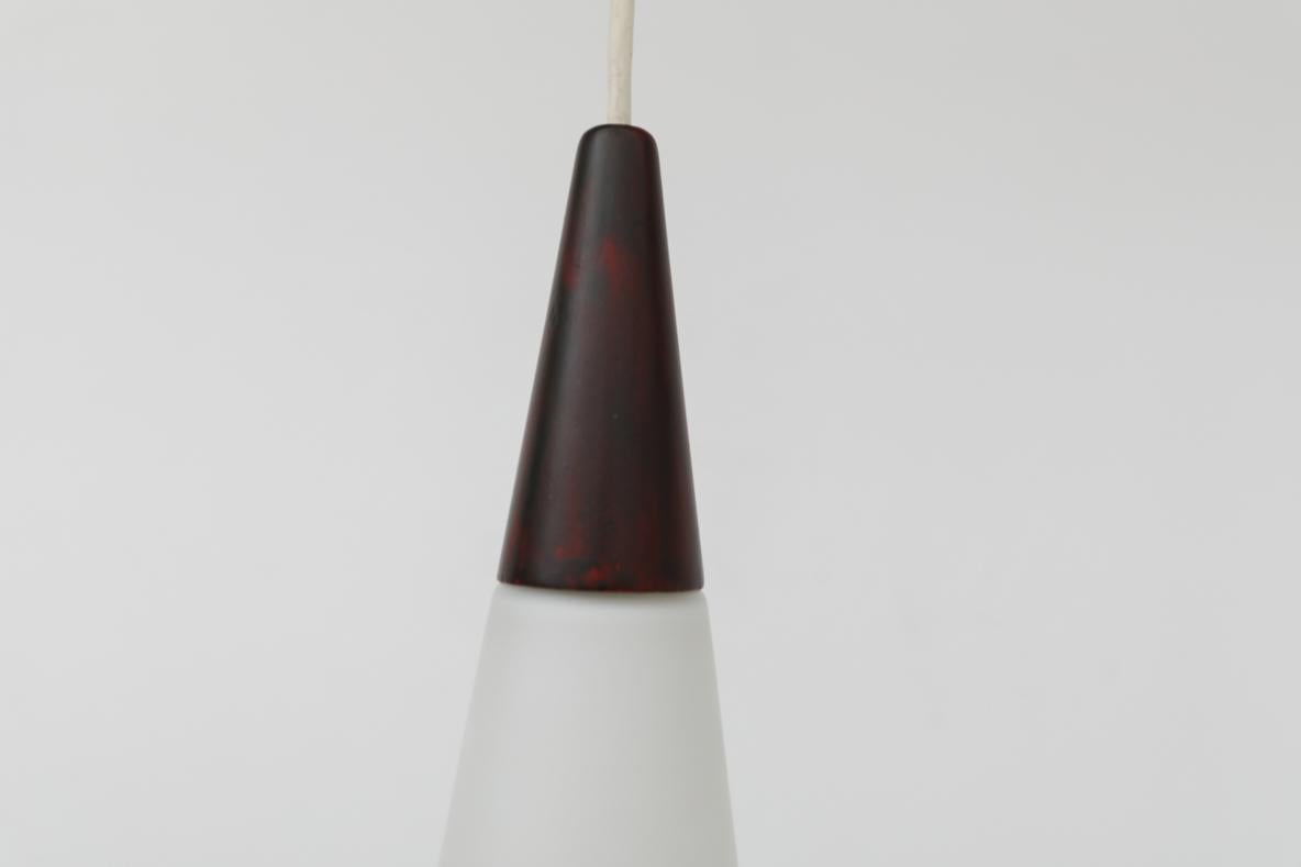 Mid-Century Philips Opaline Milk Glass Pendants with Faux Rosewood Tops In Good Condition For Sale In Los Angeles, CA