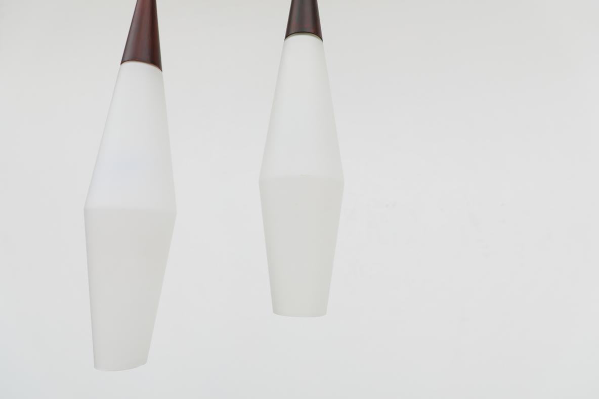 Mid-Century Philips Opaline Milk Glass Pendants with Faux Rosewood Tops For Sale 3