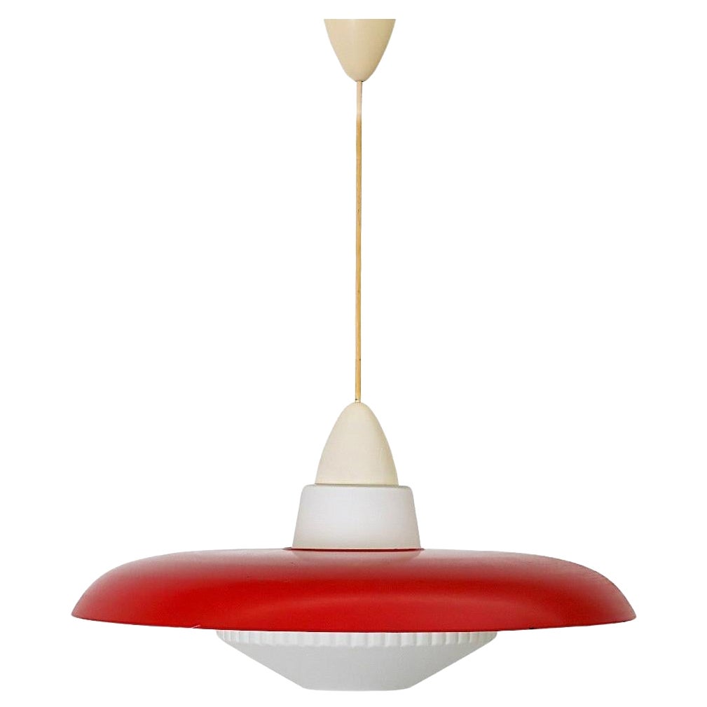 Mid-Century Philips Pendant Light, Red Enameled Metal, Ribbed Milk Glass For Sale