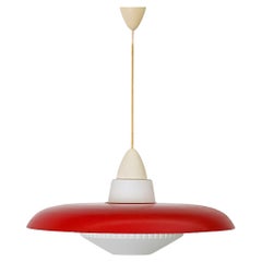 Mid-Century Philips Pendant Light, Red Enameled Metal, Ribbed Milk Glass