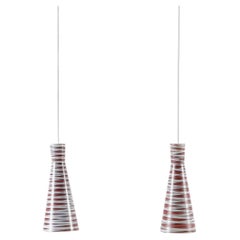 Mid-Century Philips Gestreifte Glas-Hängeleuchte, Burgund & Weiß
