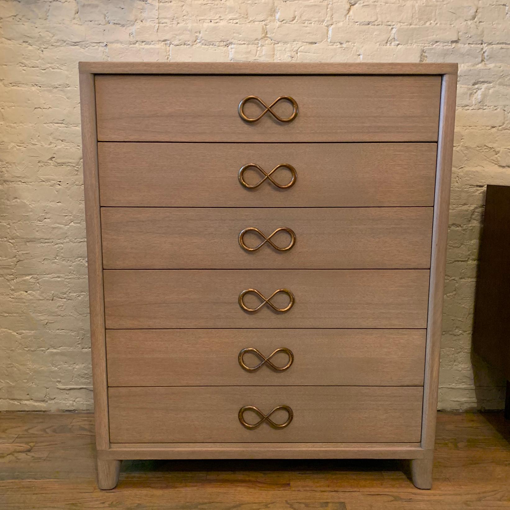 Midcentury, pickled mahogany, highboy dresser by Red Lion Furniture features decorative, figure eight, cast metal handles on all six drawers that are each 6.5 inches height. Two drawers feature dividers.