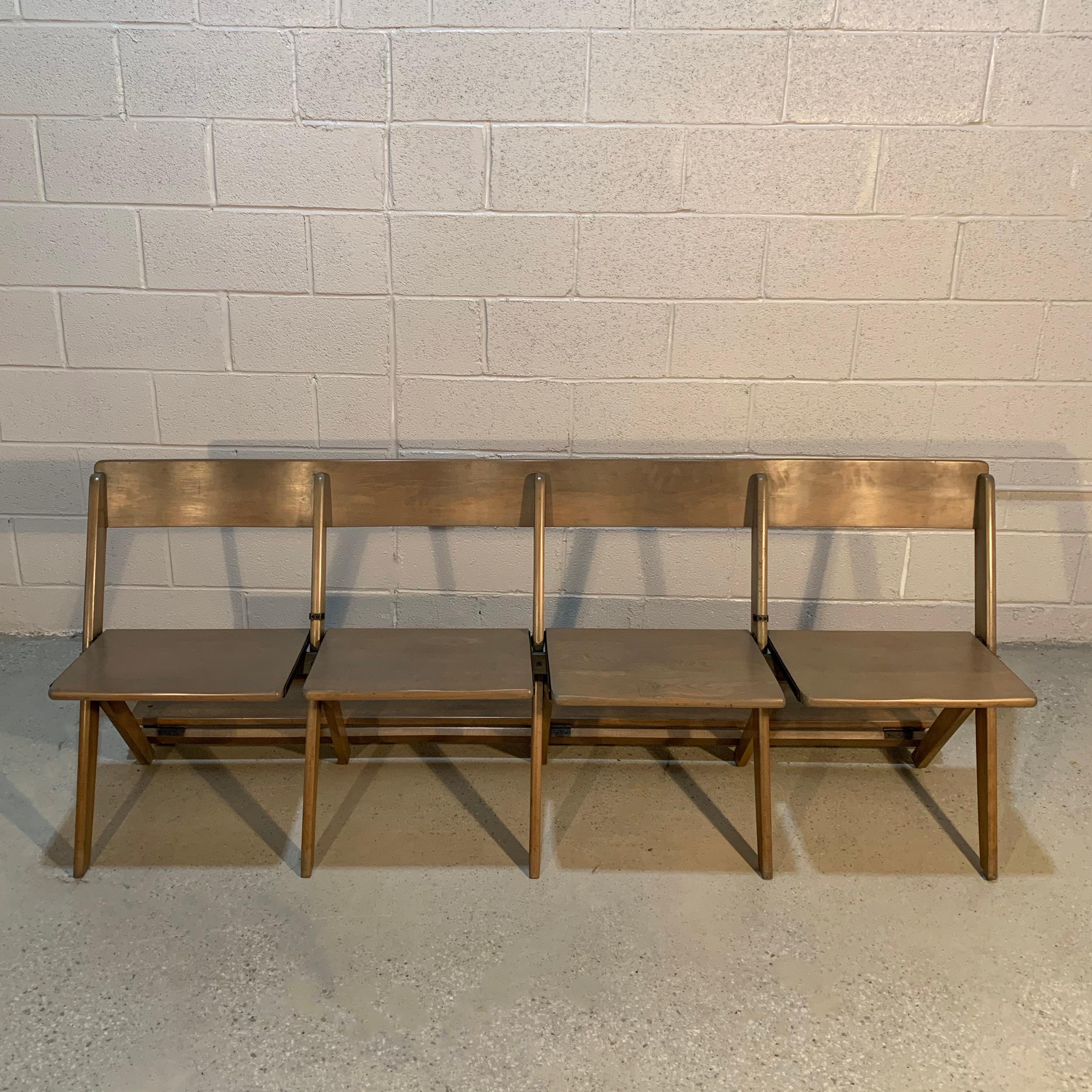 Midcentury, pickled maple, conjoined 4-seat, auditorium, theater, folding bench with back flap.