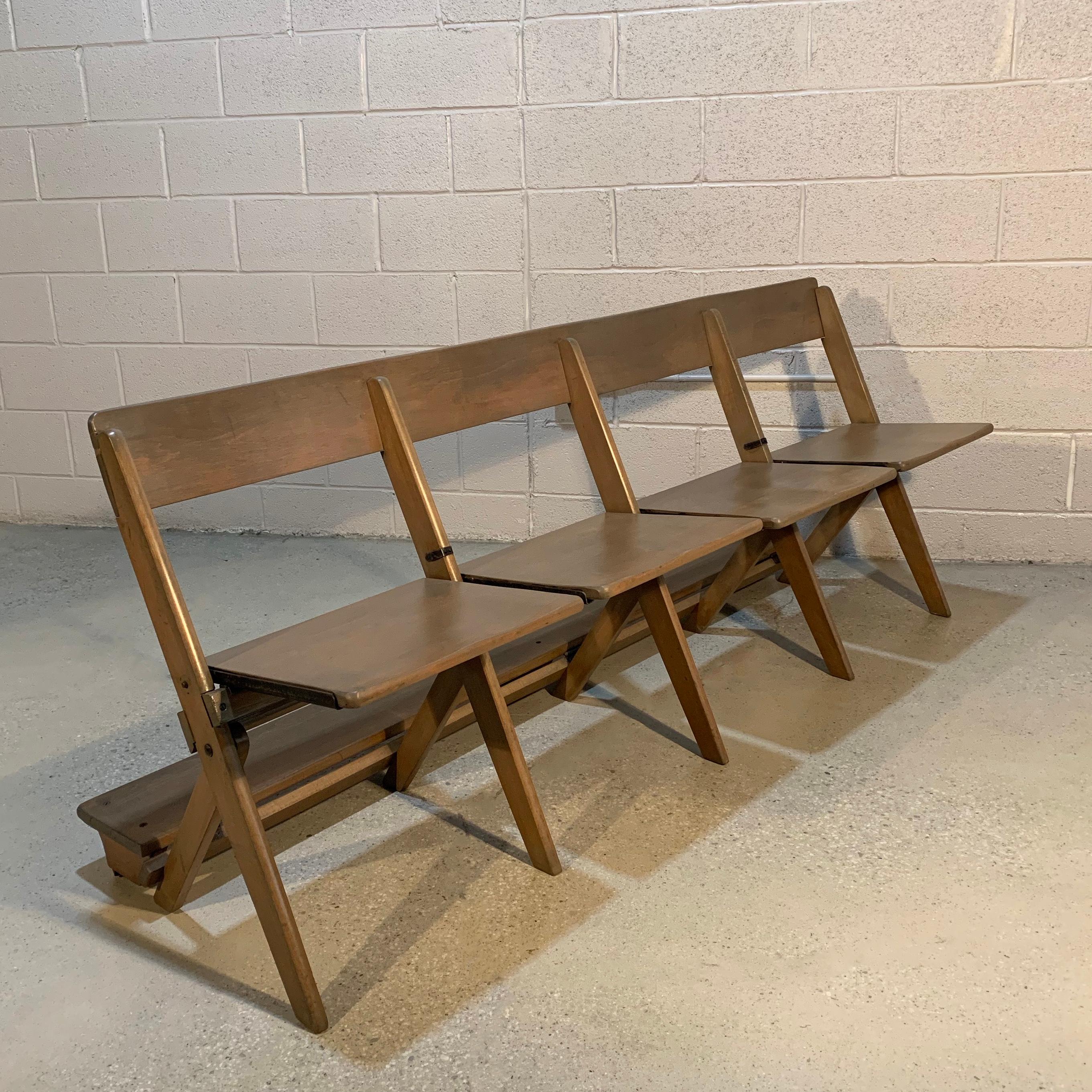 Mid-Century Modern Midcentury Pickled Maple Folding Auditorium Theater Bench For Sale