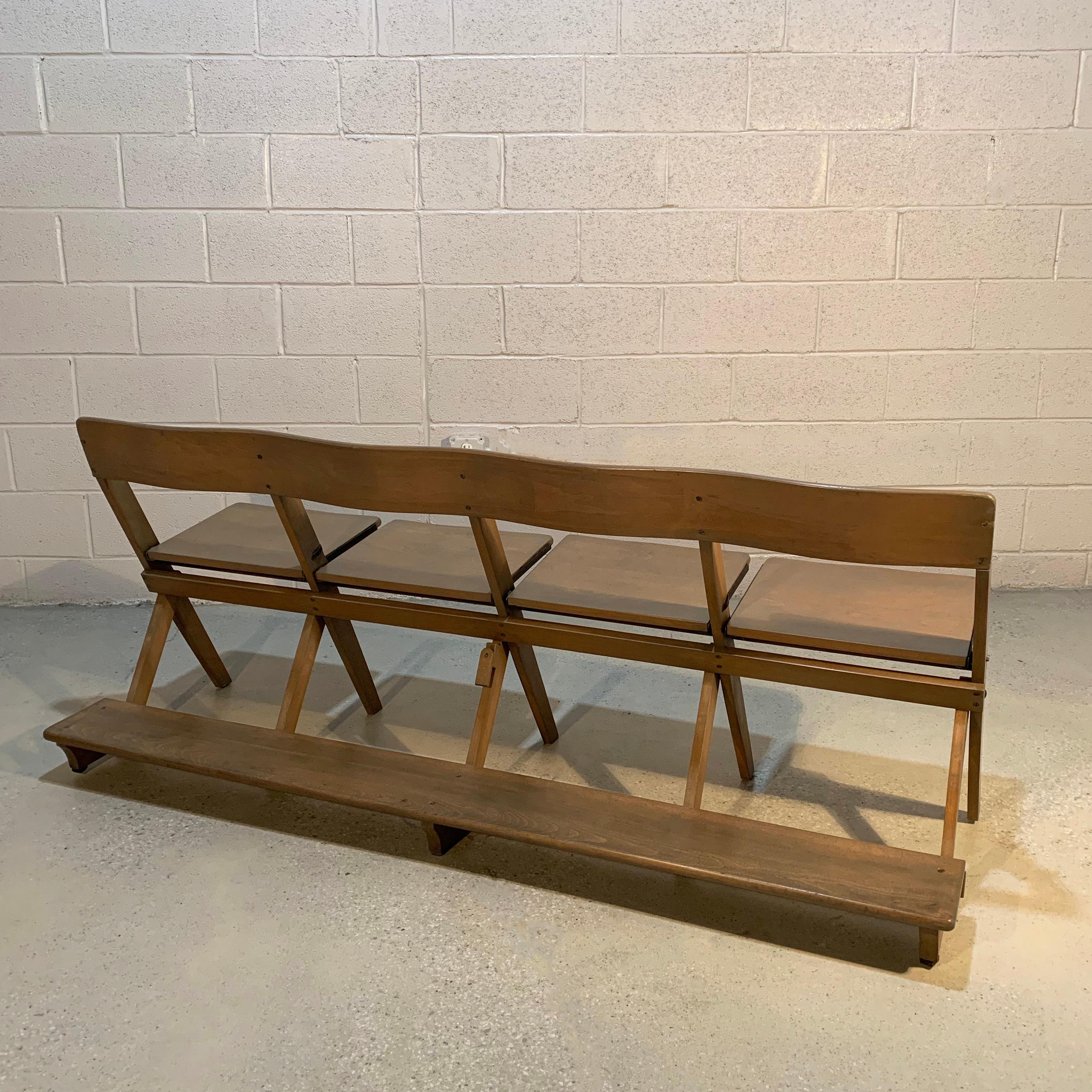 20th Century Midcentury Pickled Maple Folding Auditorium Theater Bench For Sale