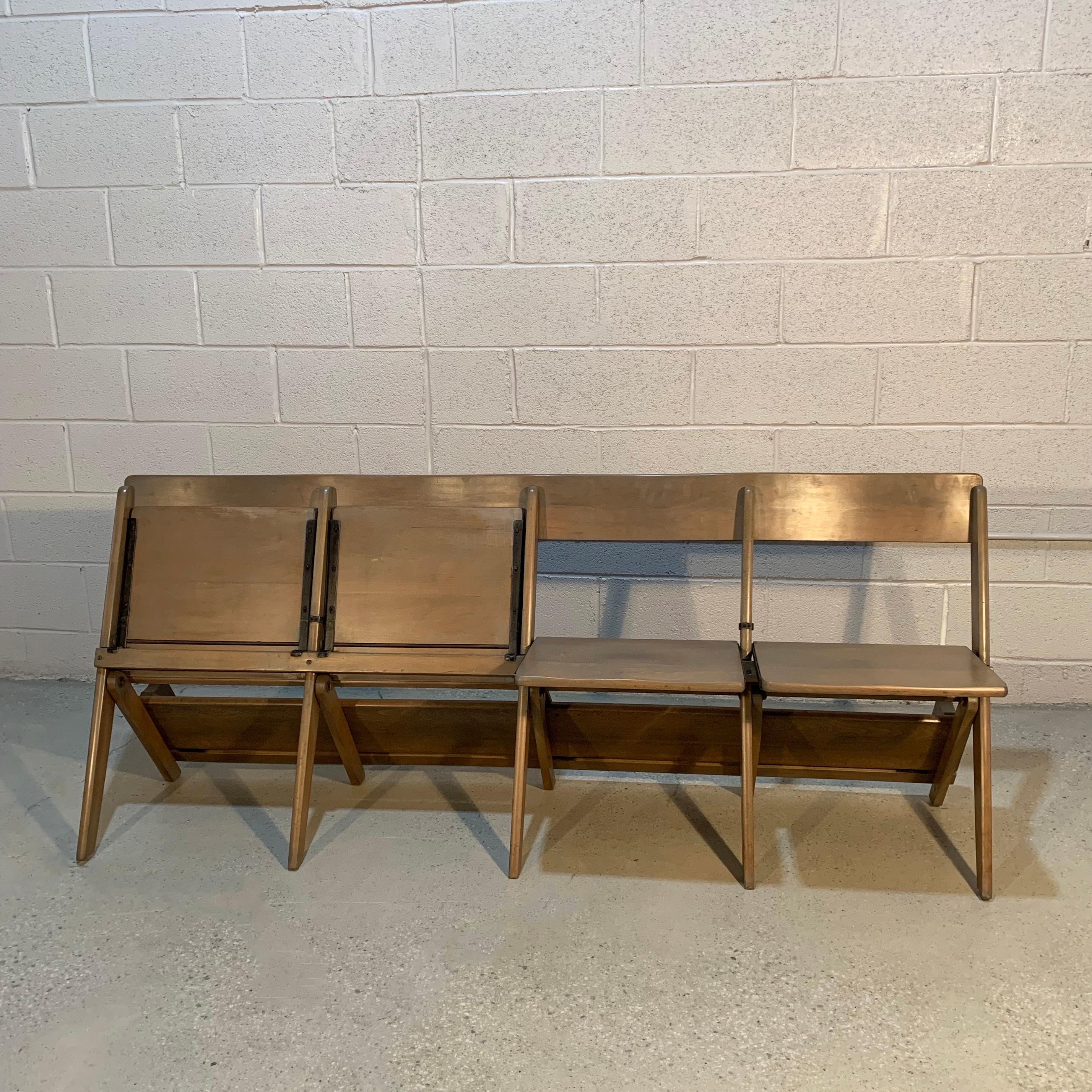Midcentury Pickled Maple Folding Auditorium Theater Bench For Sale 2