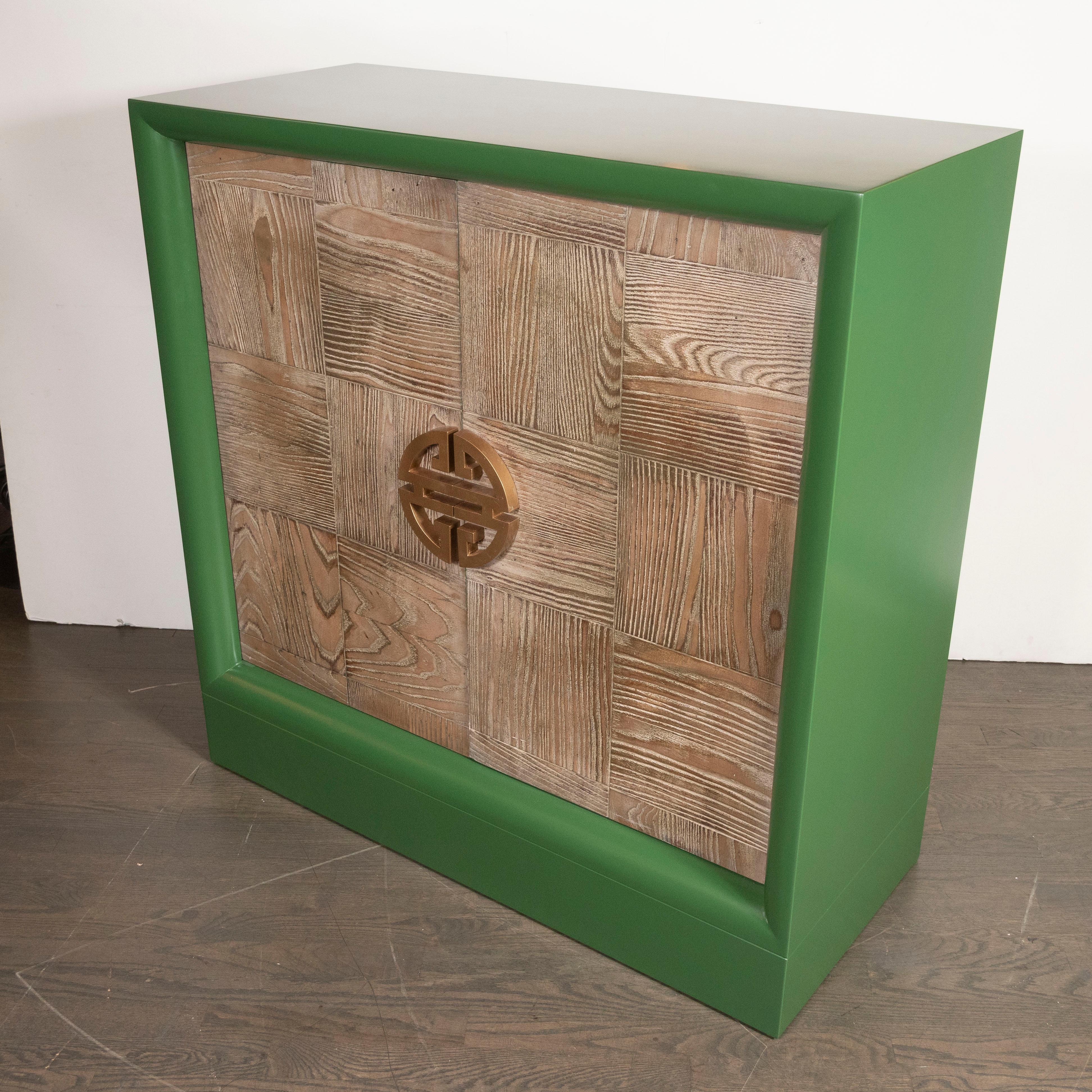 Midcentury Pickled Oak and Kelly Green Lacquer Bar Cabinet Signed James Mont In Excellent Condition In New York, NY