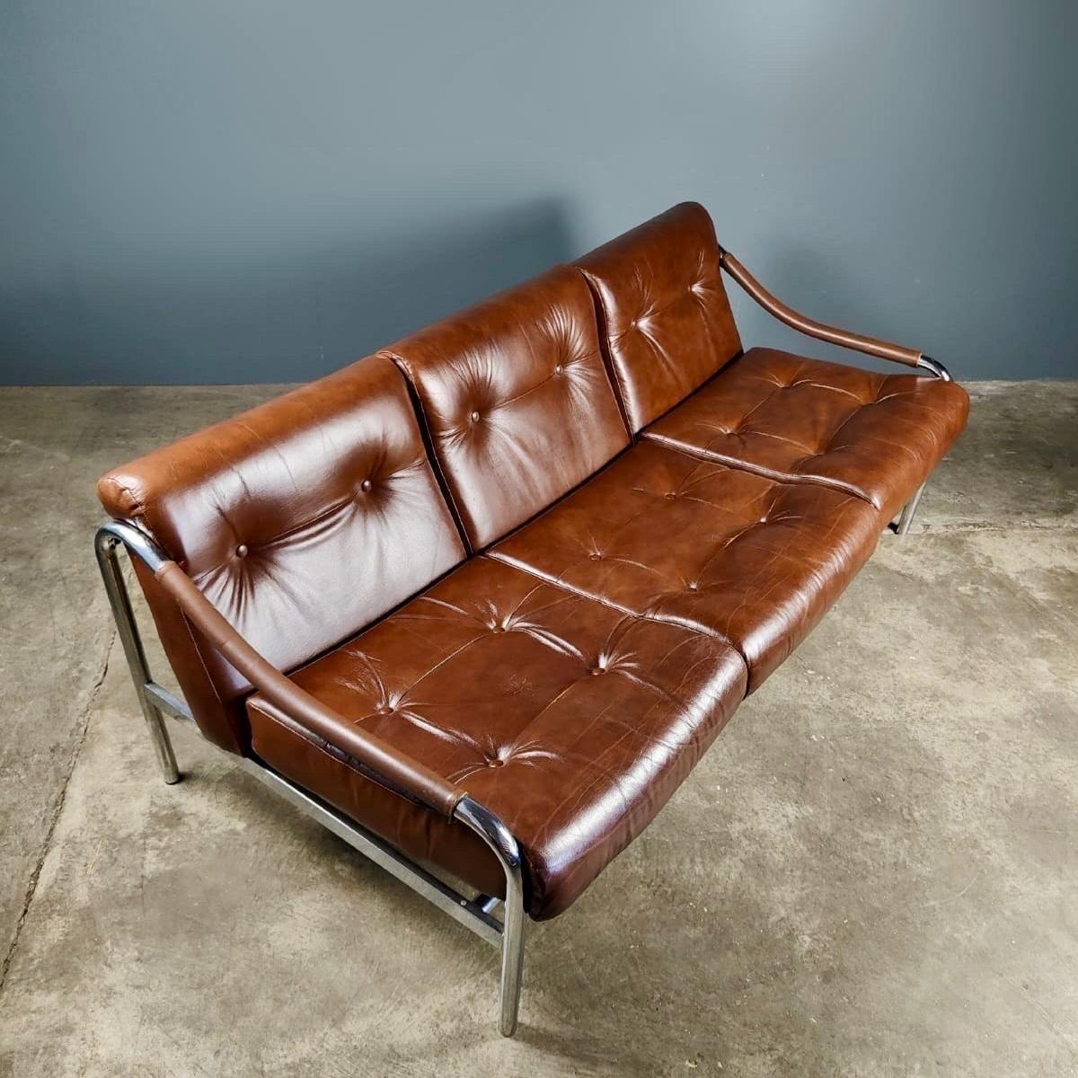 Mid-Century Modern Mid Century Pieff Beta Tan Brown Leather Three Seater Sofa Vintage Retro MCM