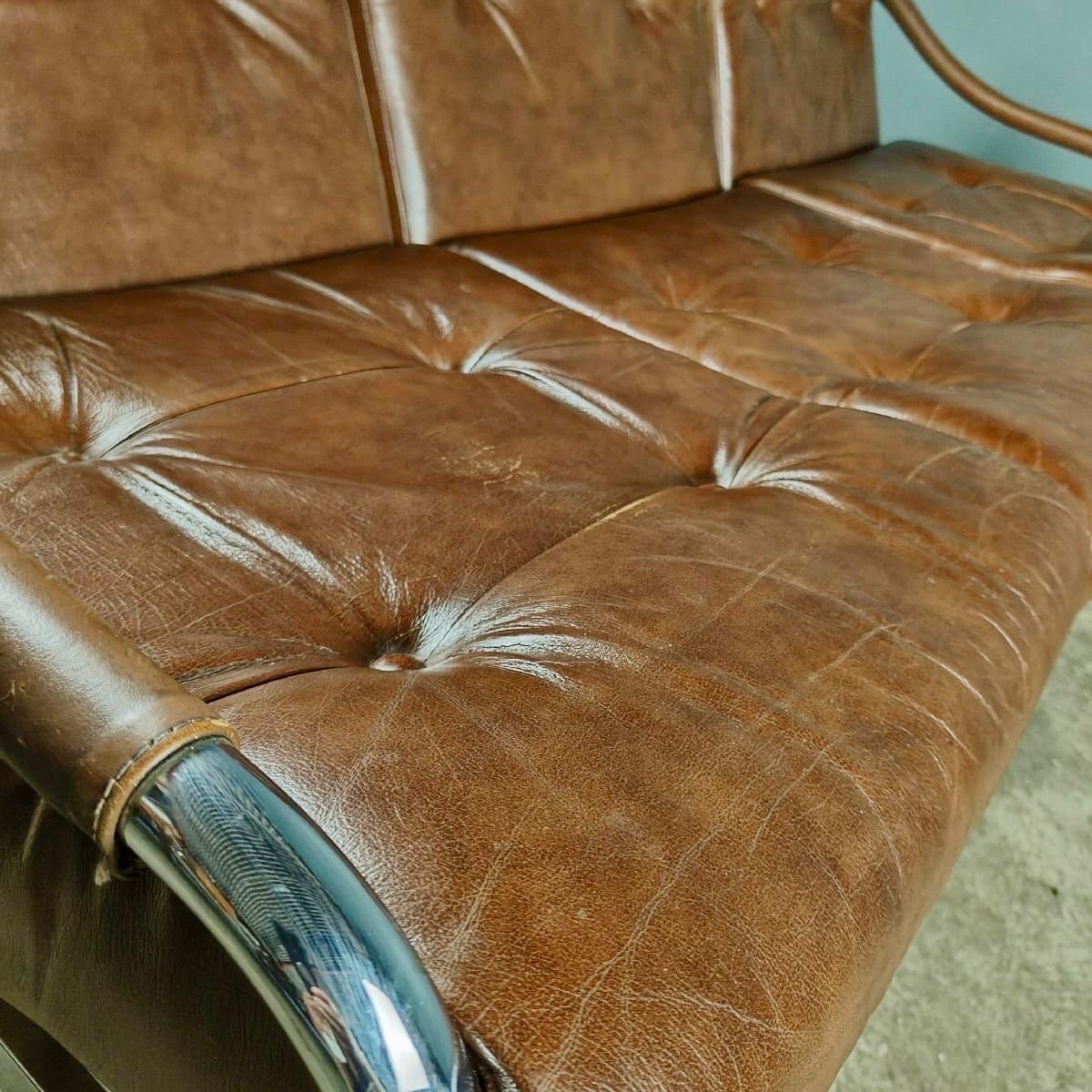 Mid Century Pieff Beta Tan Brown Leather Three Seater Sofa Vintage Retro MCM In Excellent Condition In Cambridge, GB