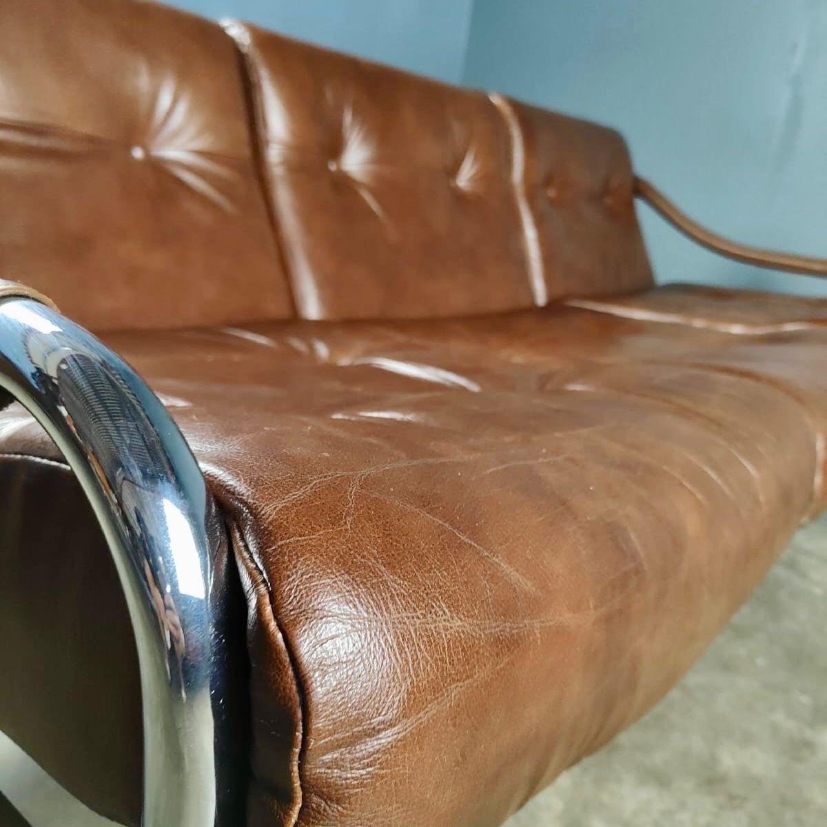 Late 20th Century Mid Century Pieff Beta Tan Brown Leather Three Seater Sofa Vintage Retro MCM