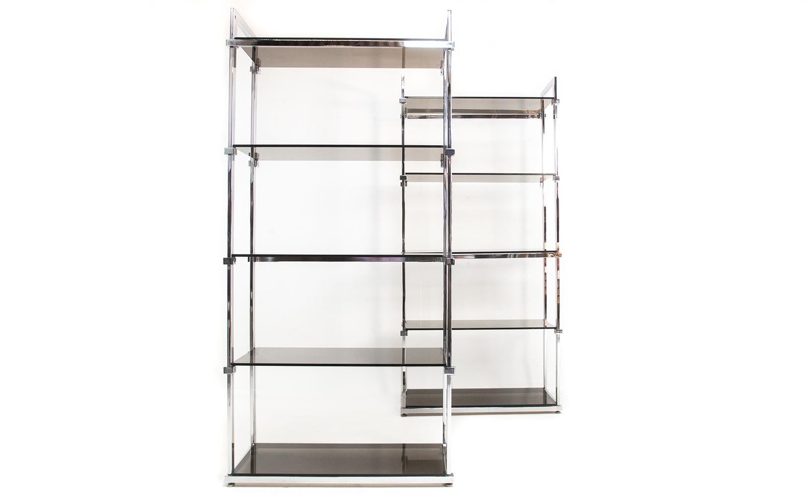 Mid Century Pieff Glass and Chrome Shelving Bookcase Units 1