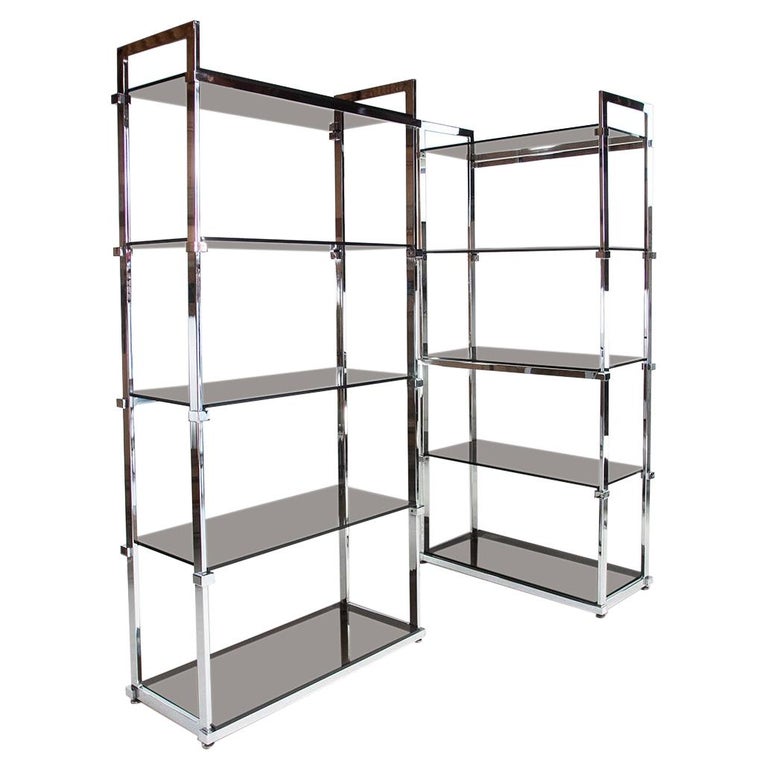 Mid Century Pieff Glass and Chrome Shelving Bookcase Units