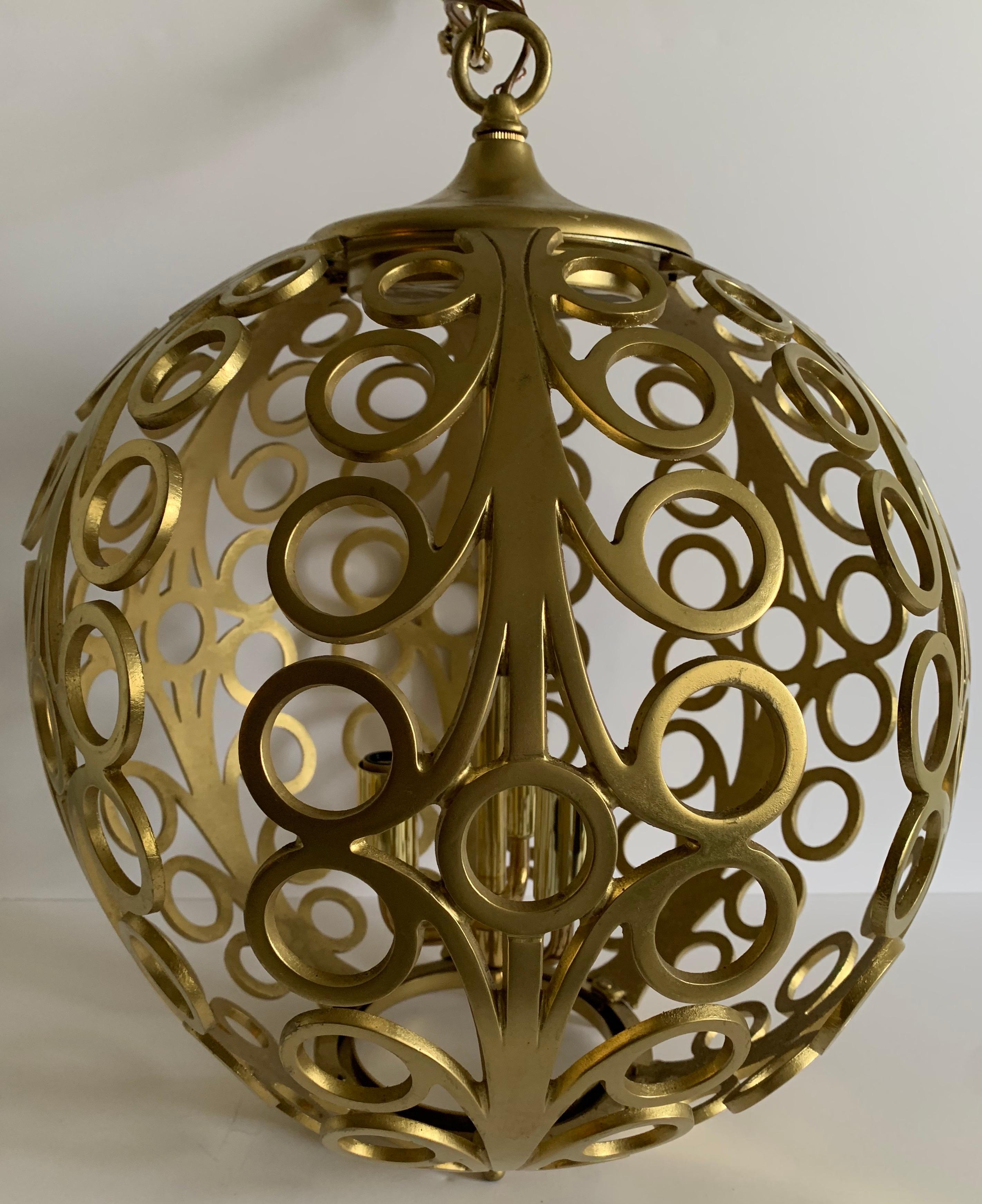 20th Century Midcentury Pierced Gold Metal Geometric Pendant Light For Sale