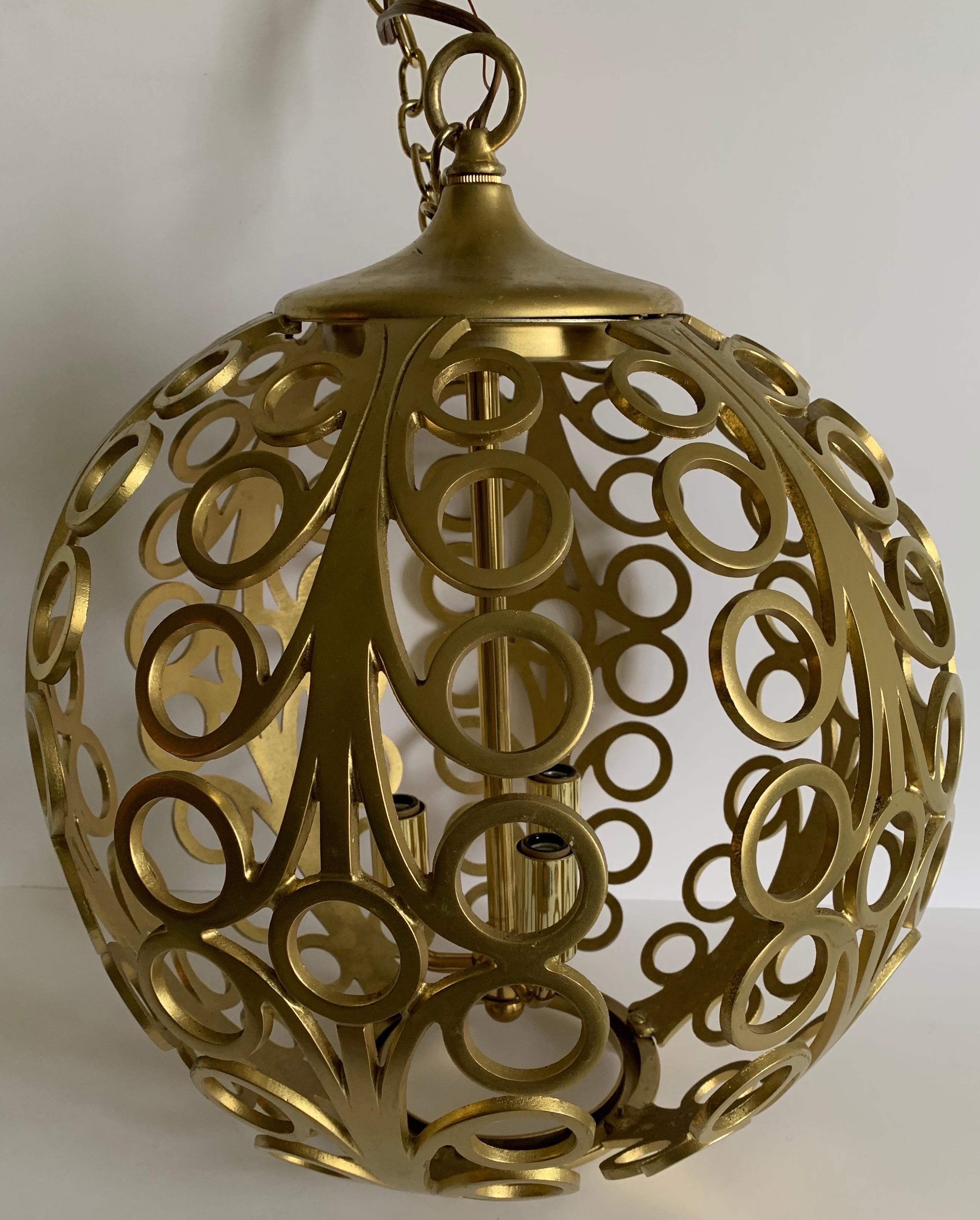 Midcentury Pierced Gold Metal Geometric Pendant Light For Sale 2