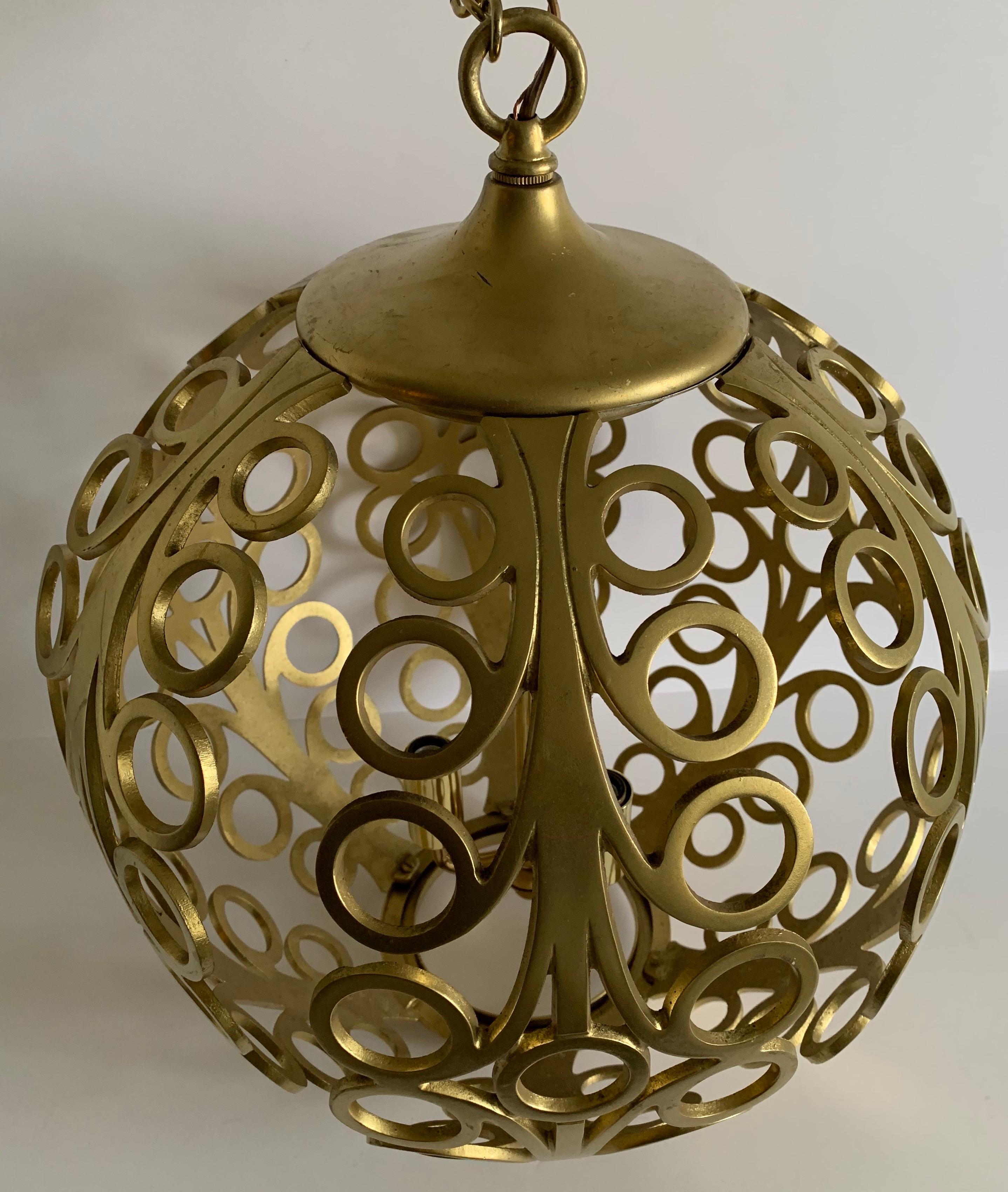 Mid-Century Modern Midcentury Pierced Gold Metal Geometric Pendant Light For Sale