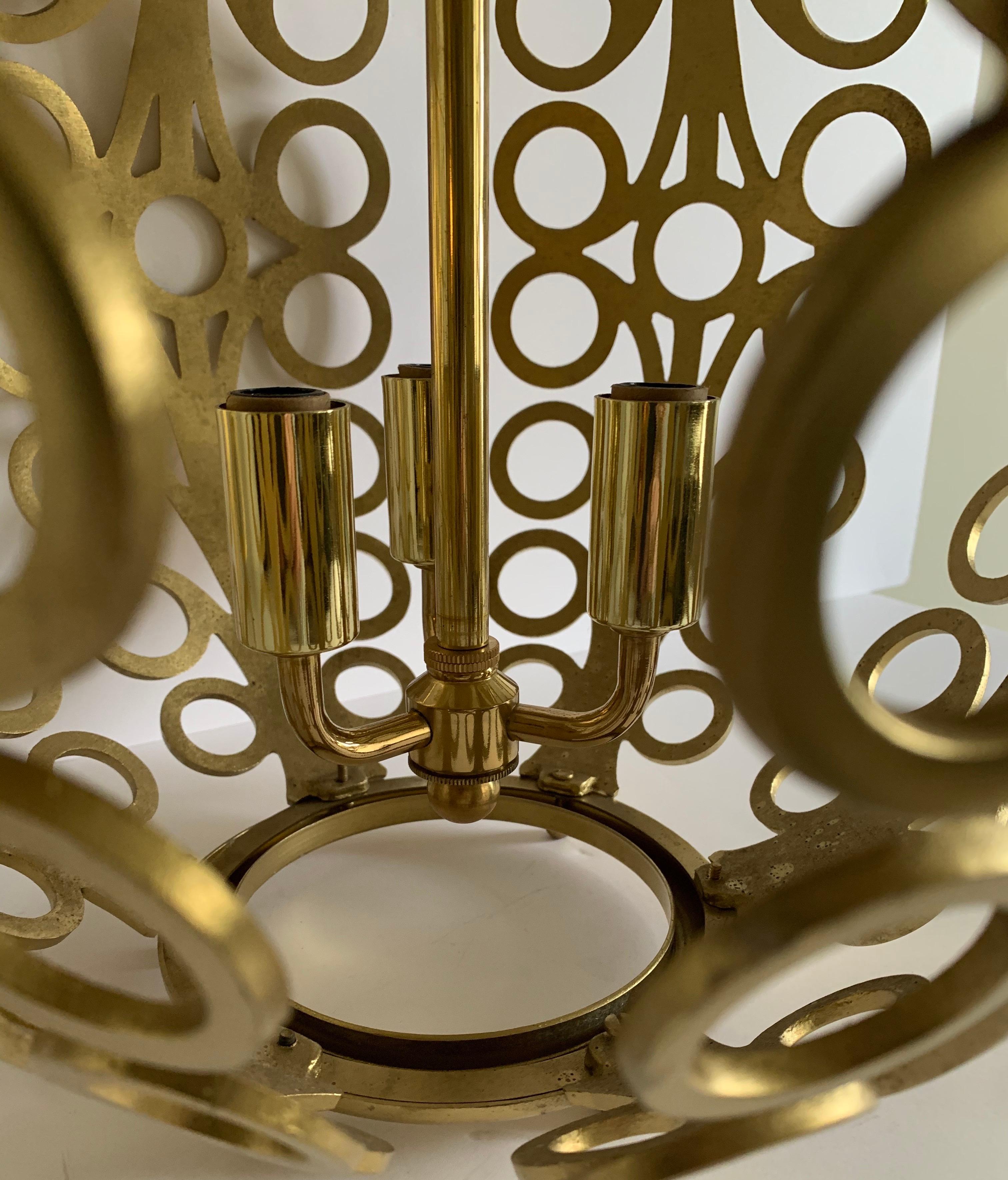 American Midcentury Pierced Gold Metal Geometric Pendant Light For Sale