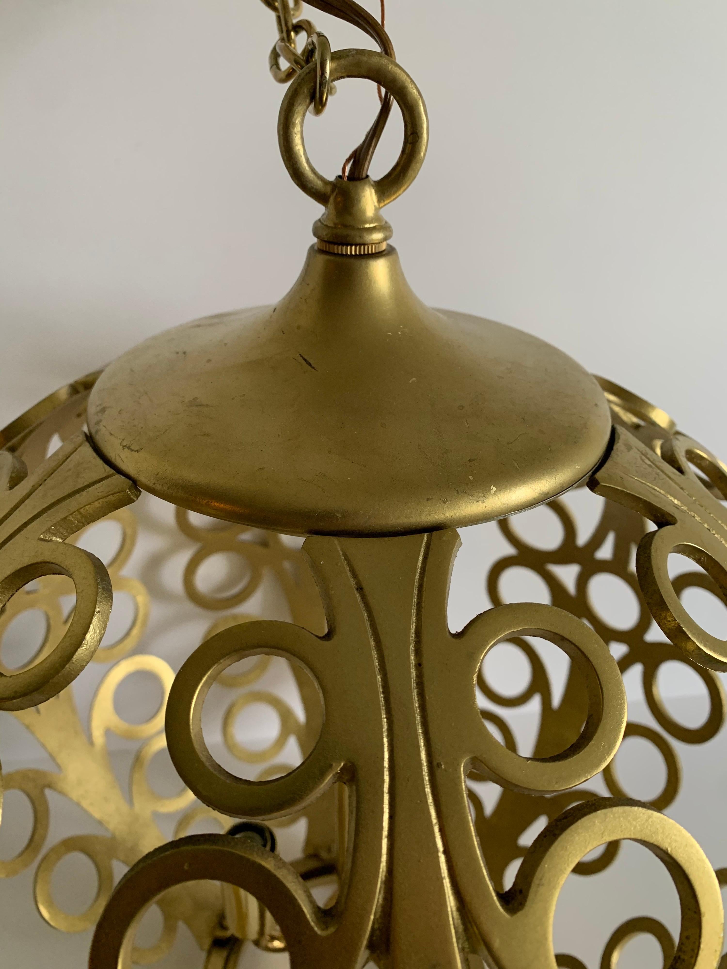 Midcentury Pierced Gold Metal Geometric Pendant Light In Good Condition For Sale In Stamford, CT