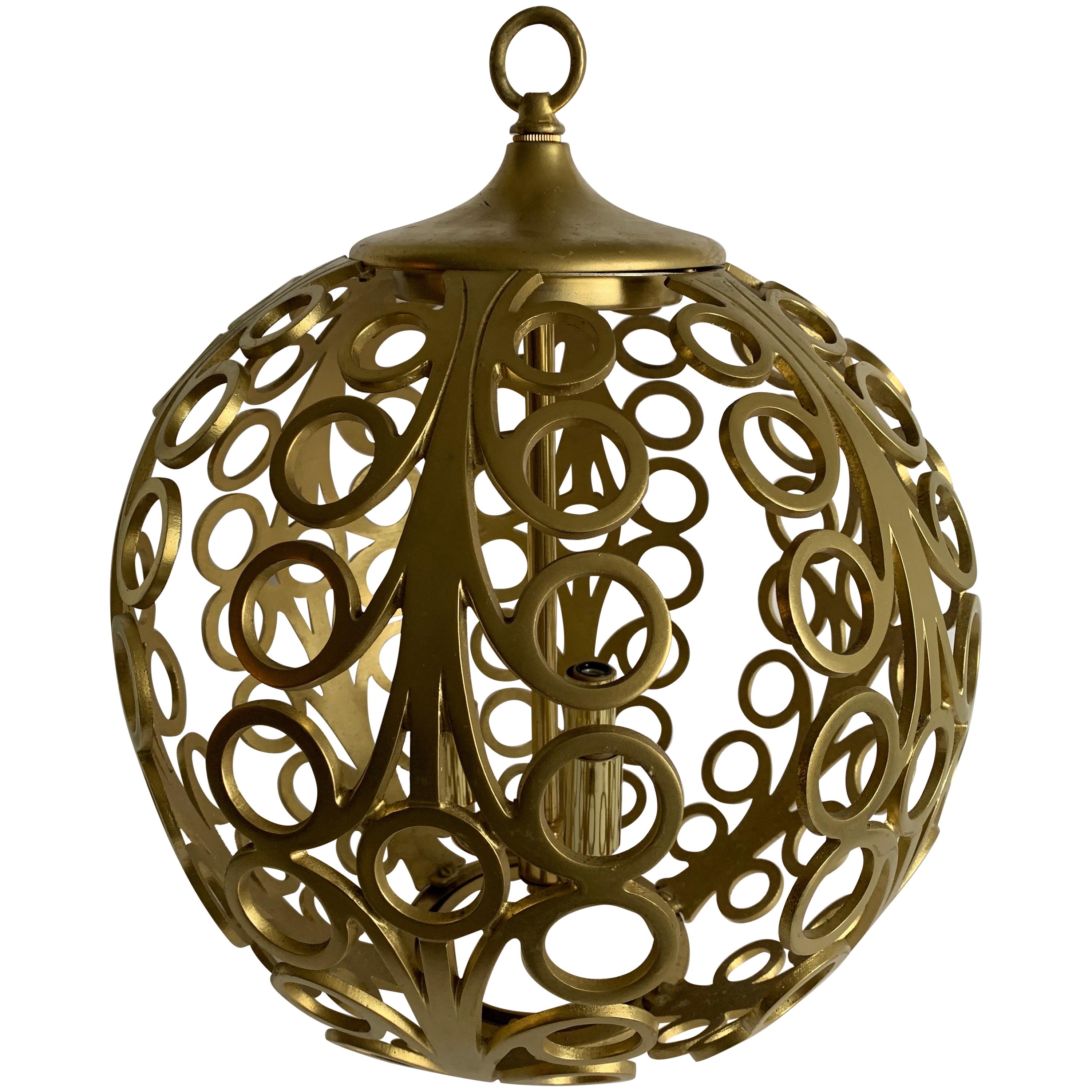 Midcentury Pierced Gold Metal Geometric Pendant Light For Sale