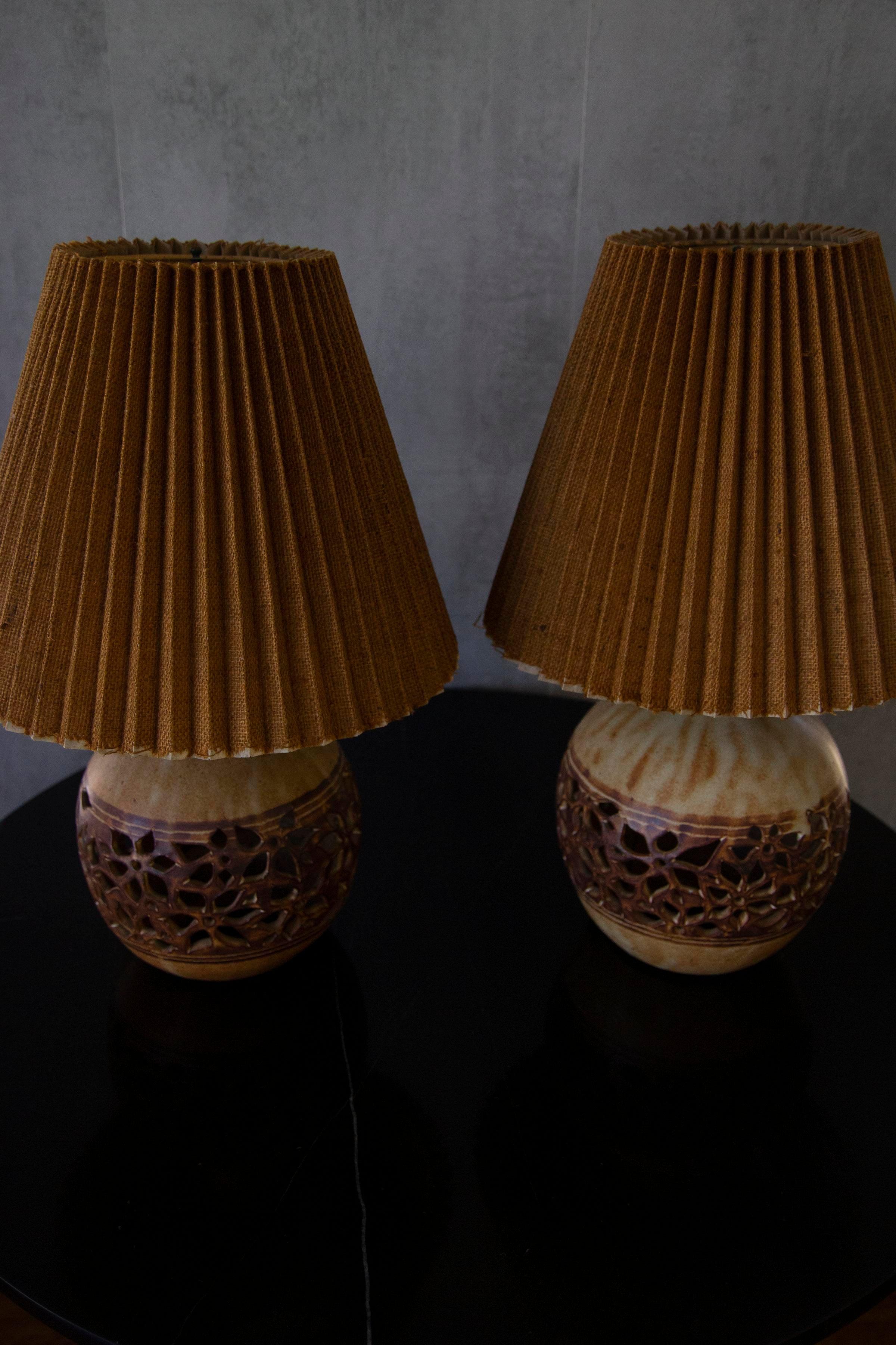 French Mid-Century Pierced Pottery Studio Art Lamps - a Pair