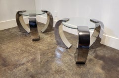 Midcentury Pierre Cardin Style Cantilevered Chrome and Glass Side Tables, a Pair