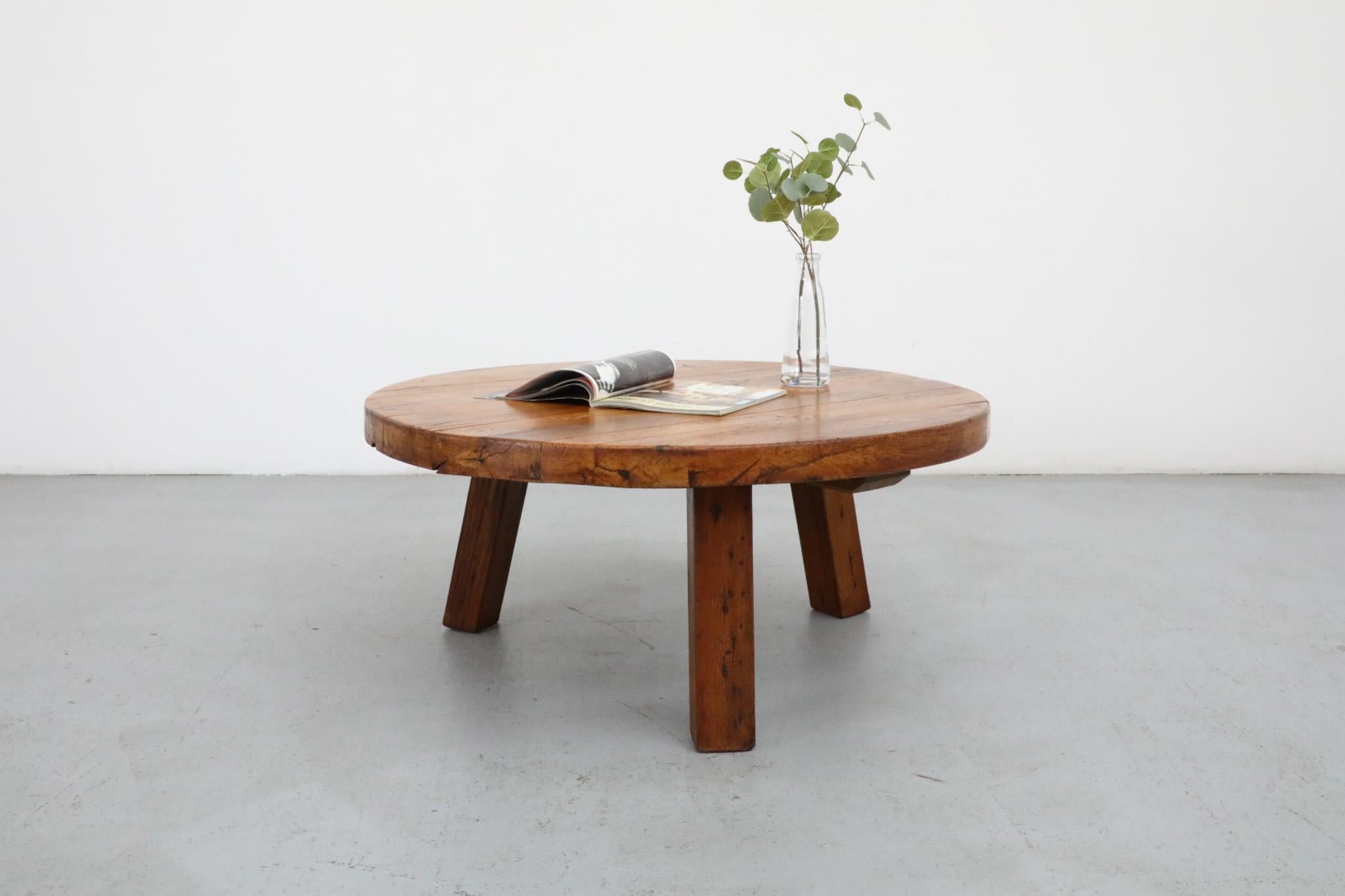 Mid-Century, Pierre Chapo inspired, Brutalist coffee table made from solid oak. The wood has visible wear and patina and is in original condition with wear that is consistent with its age and use.