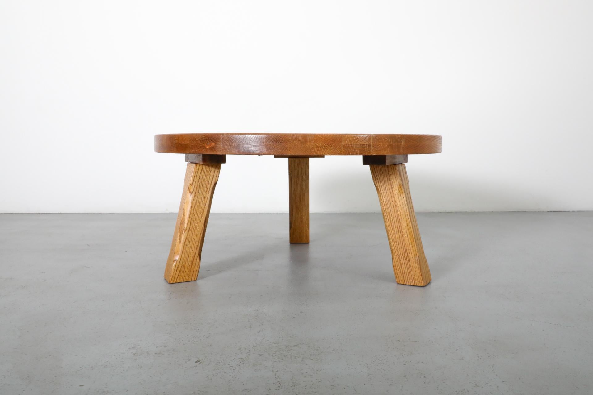 Mid-Century, Pierre Chapo Inspired, Brutalist Round Oak Coffee Table 5