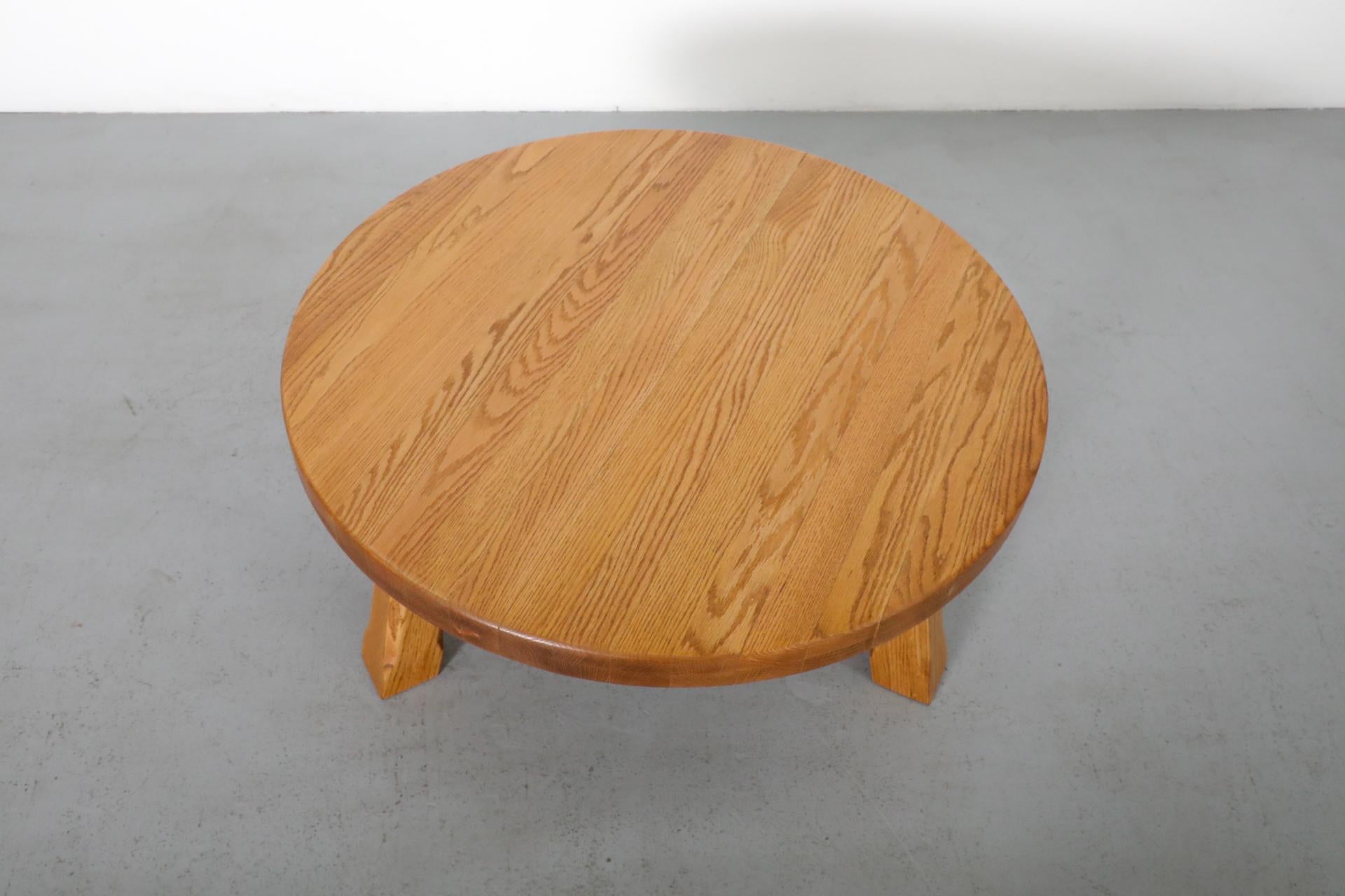 Mid-Century, Pierre Chapo Inspired, Brutalist Round Oak Coffee Table 6