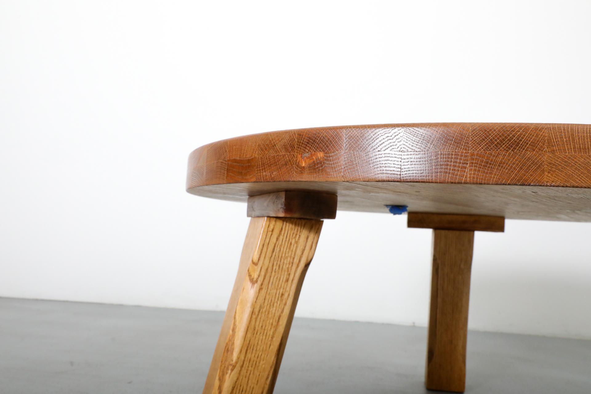 Mid-Century, Pierre Chapo Inspired, Brutalist Round Oak Coffee Table 9