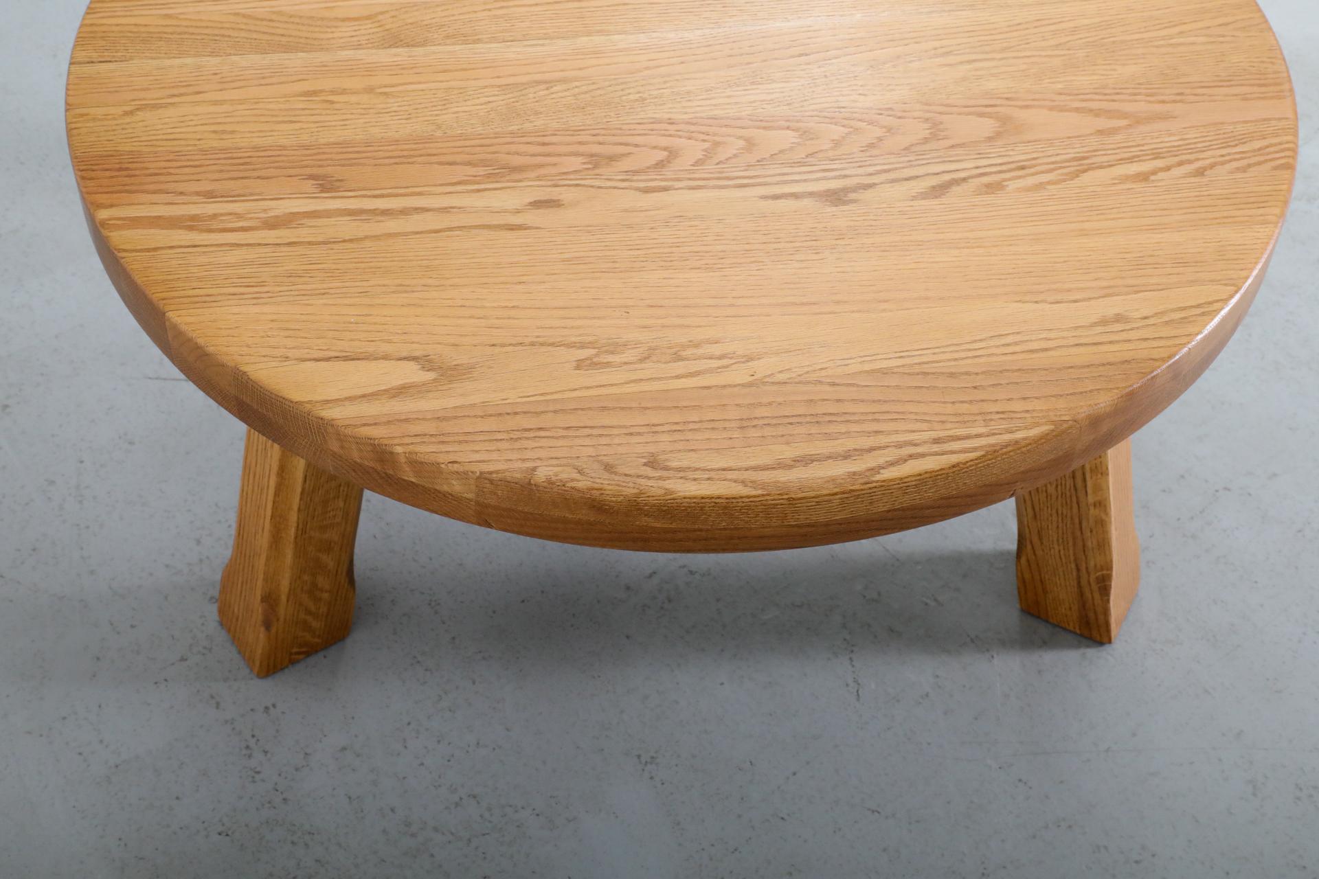 Mid-Century, Pierre Chapo Inspired, Brutalist Round Oak Coffee Table 11