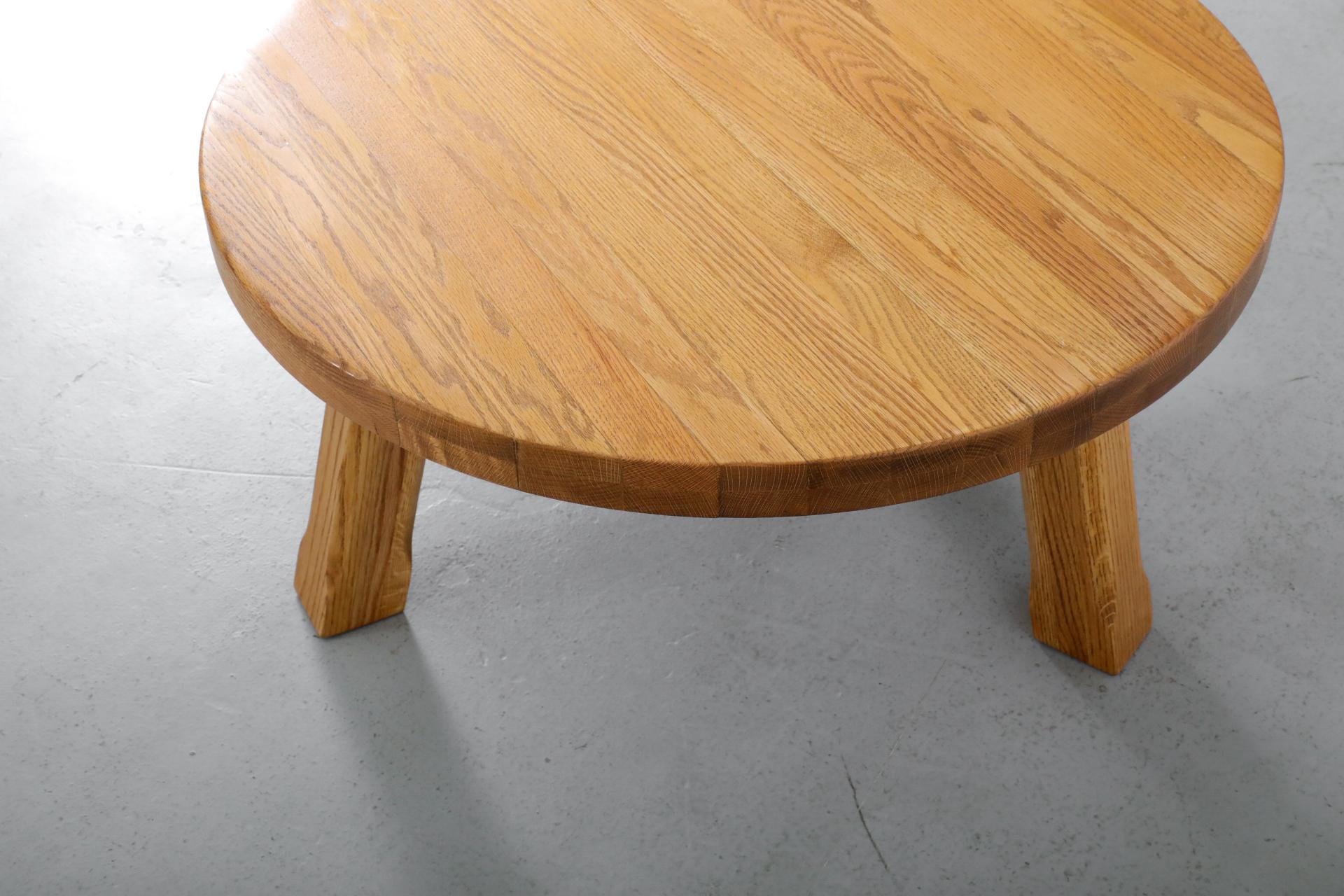Mid-Century, Pierre Chapo Inspired, Brutalist Round Oak Coffee Table 12