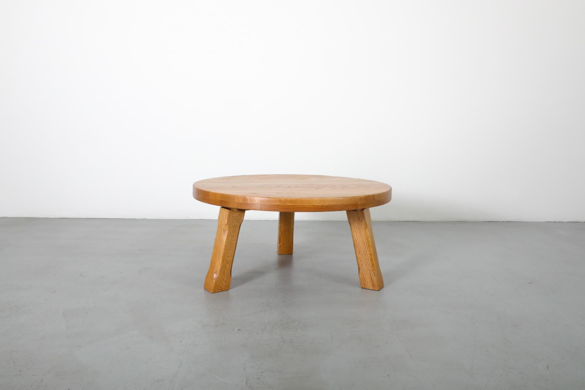 Dutch Mid-Century, Pierre Chapo Inspired, Brutalist Round Oak Coffee Table