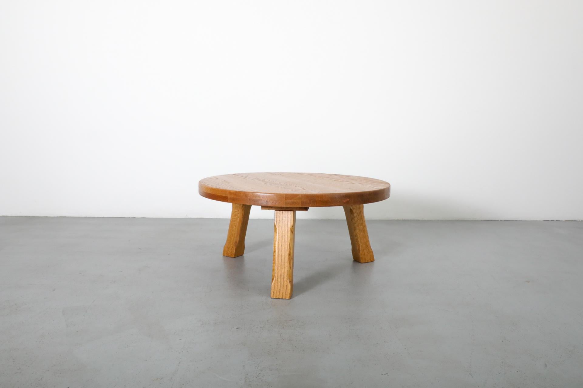 20th Century Mid-Century, Pierre Chapo Inspired, Brutalist Round Oak Coffee Table