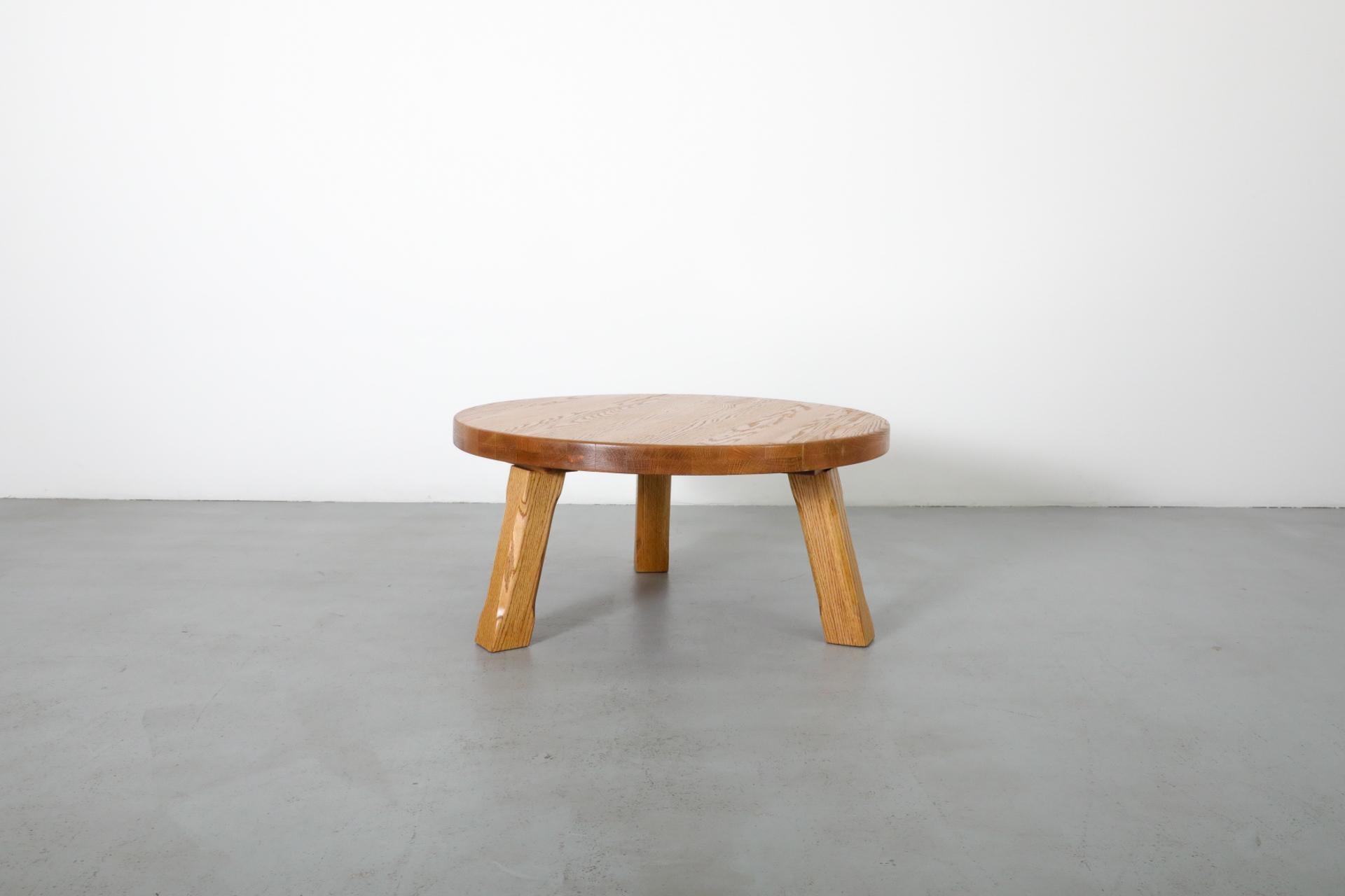 Mid-Century, Pierre Chapo Inspired, Brutalist Round Oak Coffee Table 1