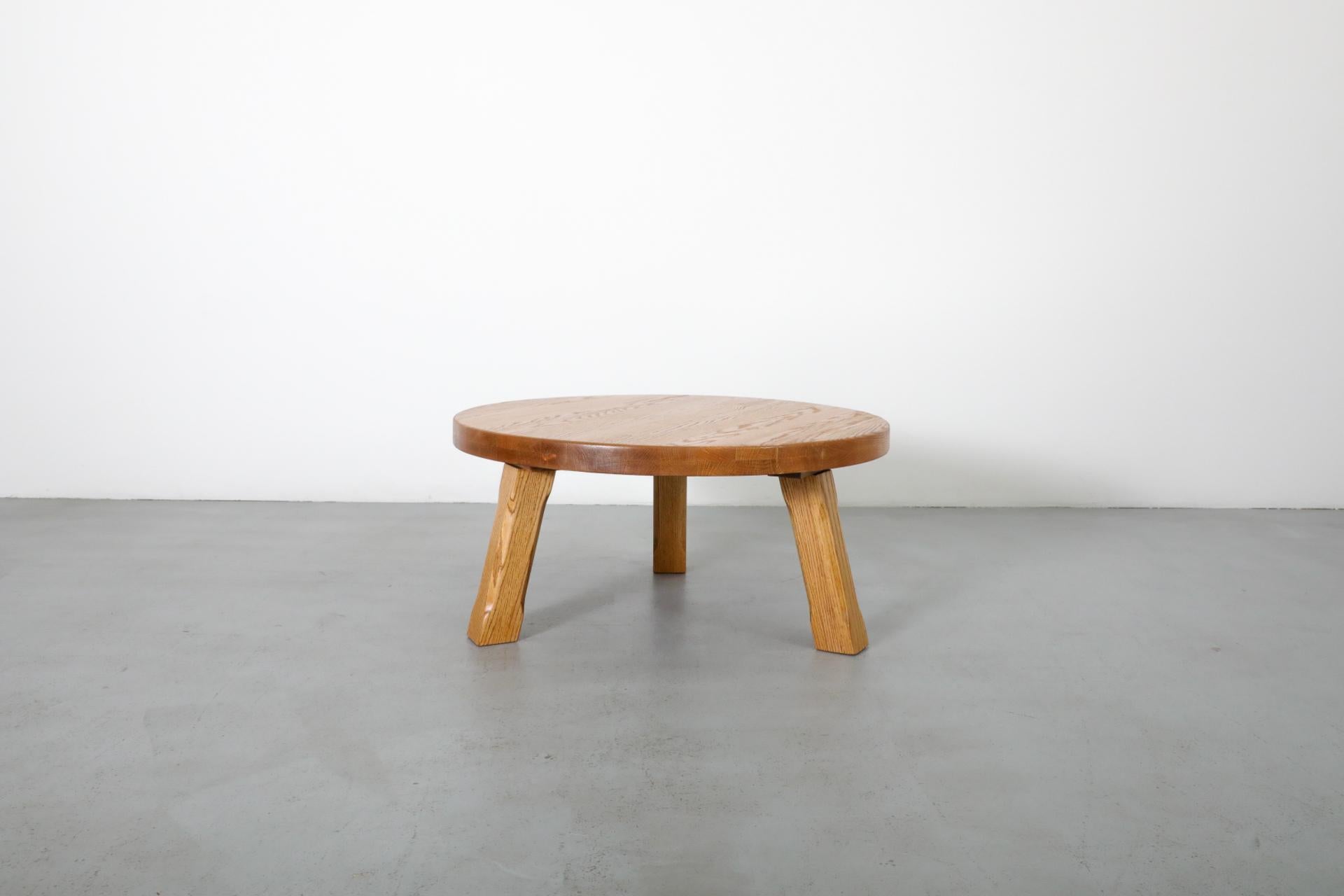 Mid-Century, Pierre Chapo Inspired, Brutalist Round Oak Coffee Table 2