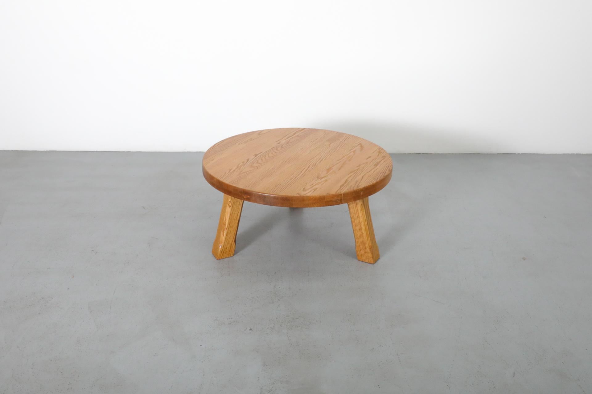 Mid-Century, Pierre Chapo Inspired, Brutalist Round Oak Coffee Table 3