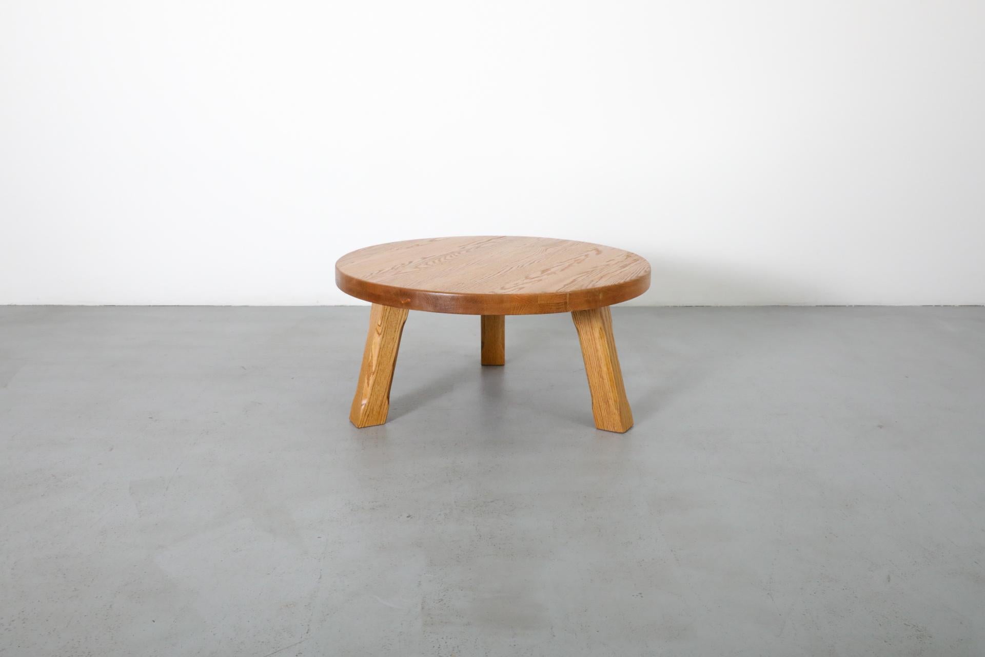 Mid-Century, Pierre Chapo Inspired, Brutalist Round Oak Coffee Table 4