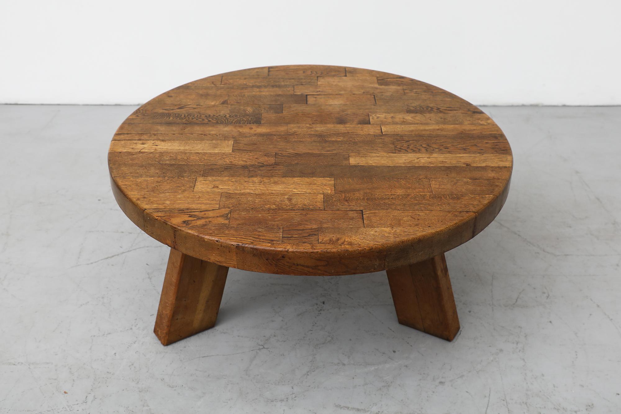 Oak Mid Century Pierre Chapo Inspired Heavy Round Brutalist Side or Coffee Table