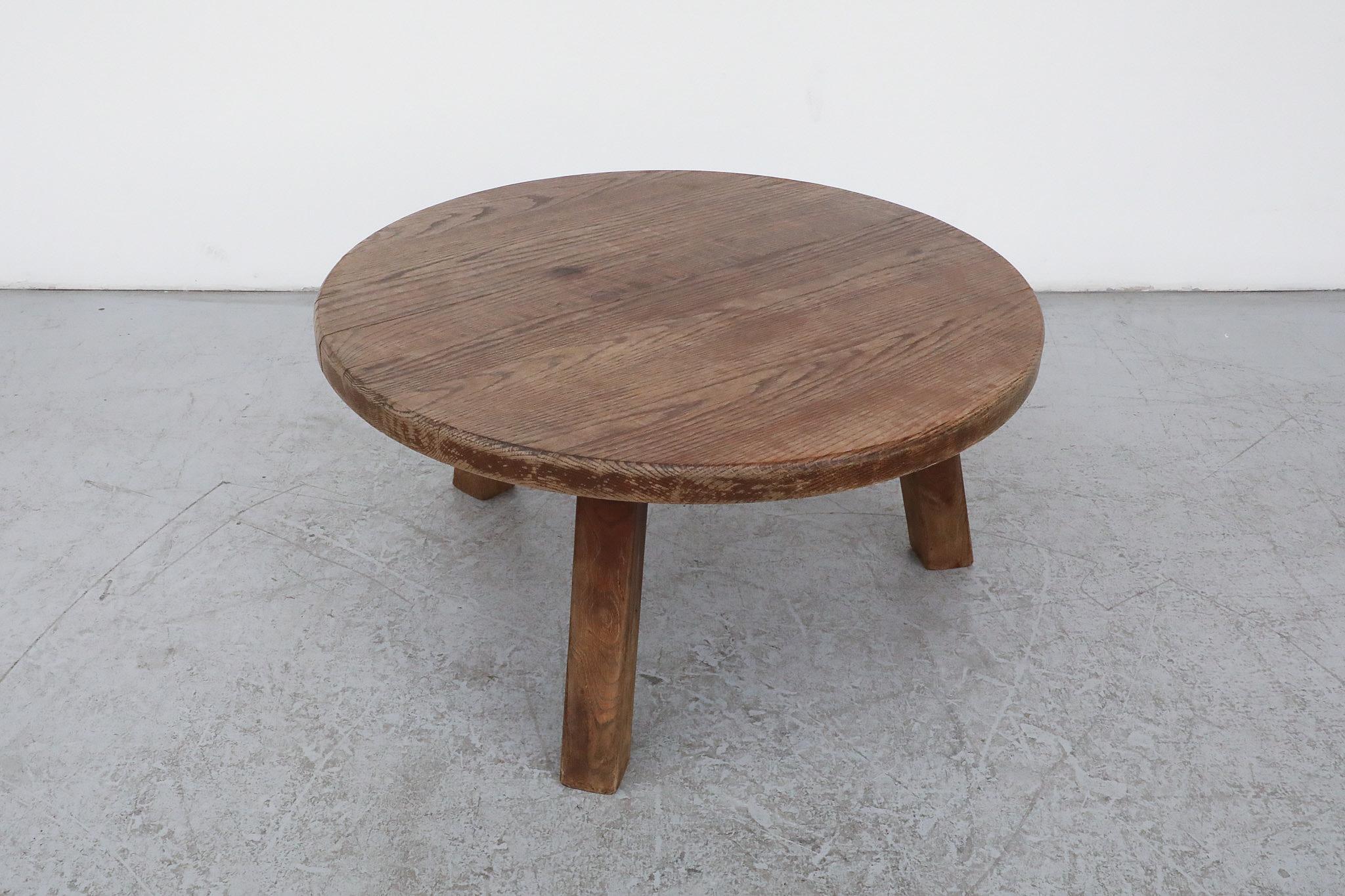 Mid-Century Pierre Chapo Inspired Round Oak Brutalist Coffee Table 6