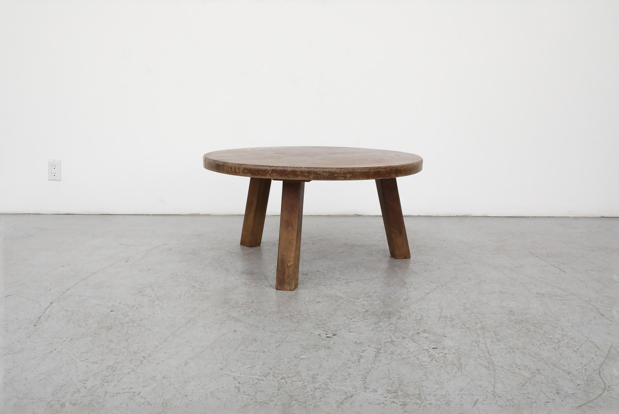 Mid-Century Pierre Chapo Inspired Round Oak Brutalist Coffee Table In Good Condition In Los Angeles, CA