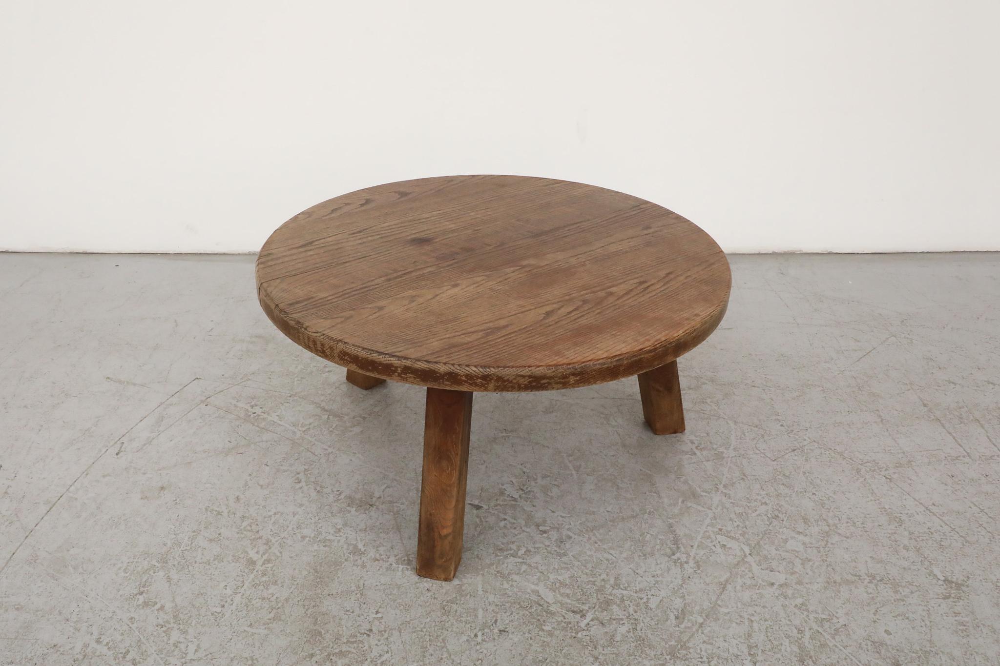 Mid-20th Century Mid-Century Pierre Chapo Inspired Round Oak Brutalist Coffee Table