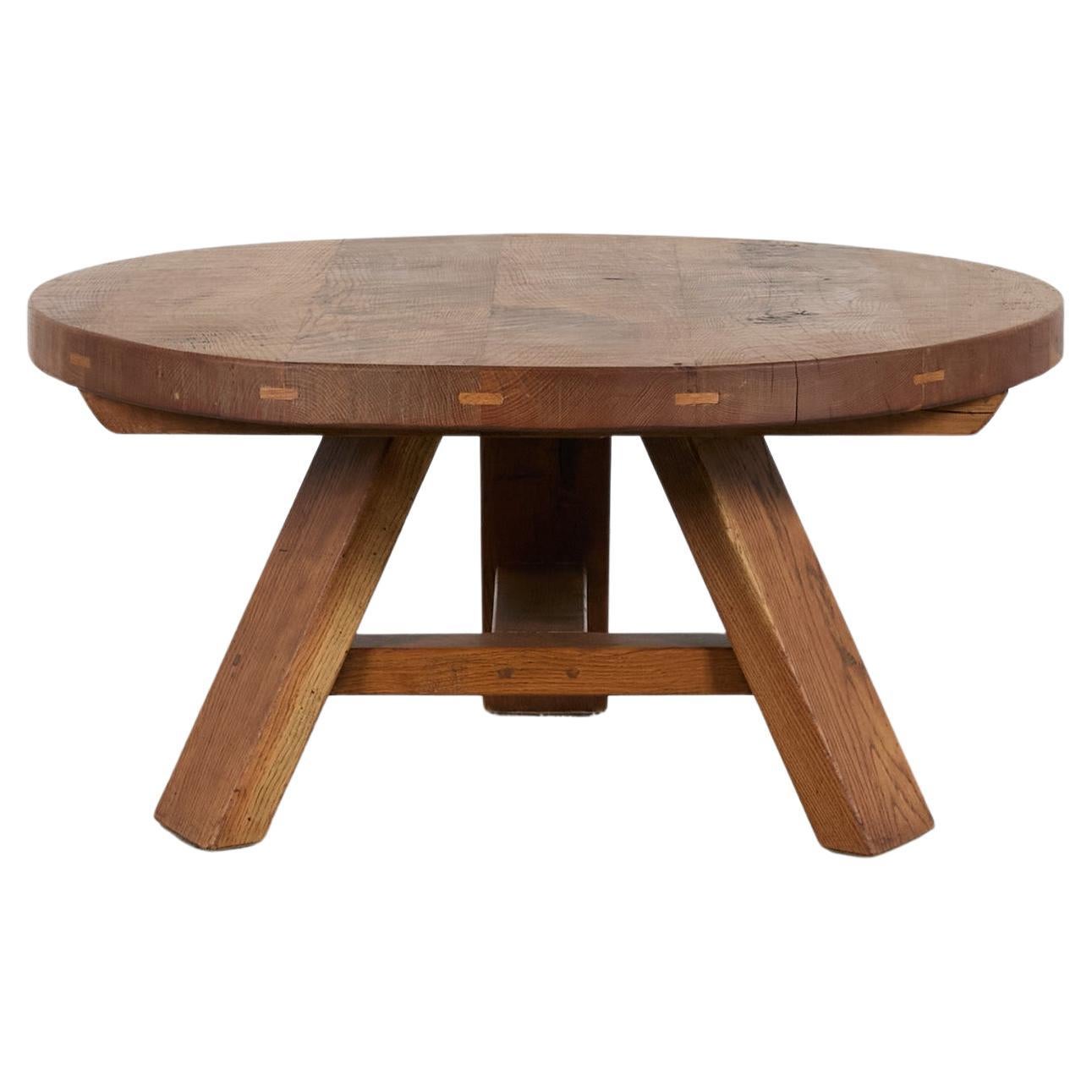 Mid-Century Pierre Chapo Style Brutalist Oak Coffee Table, Tripod Base